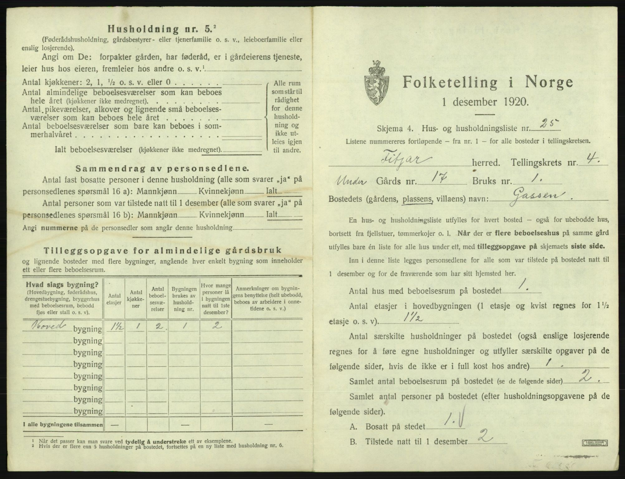 SAB, 1920 census for Fitjar, 1920, p. 309