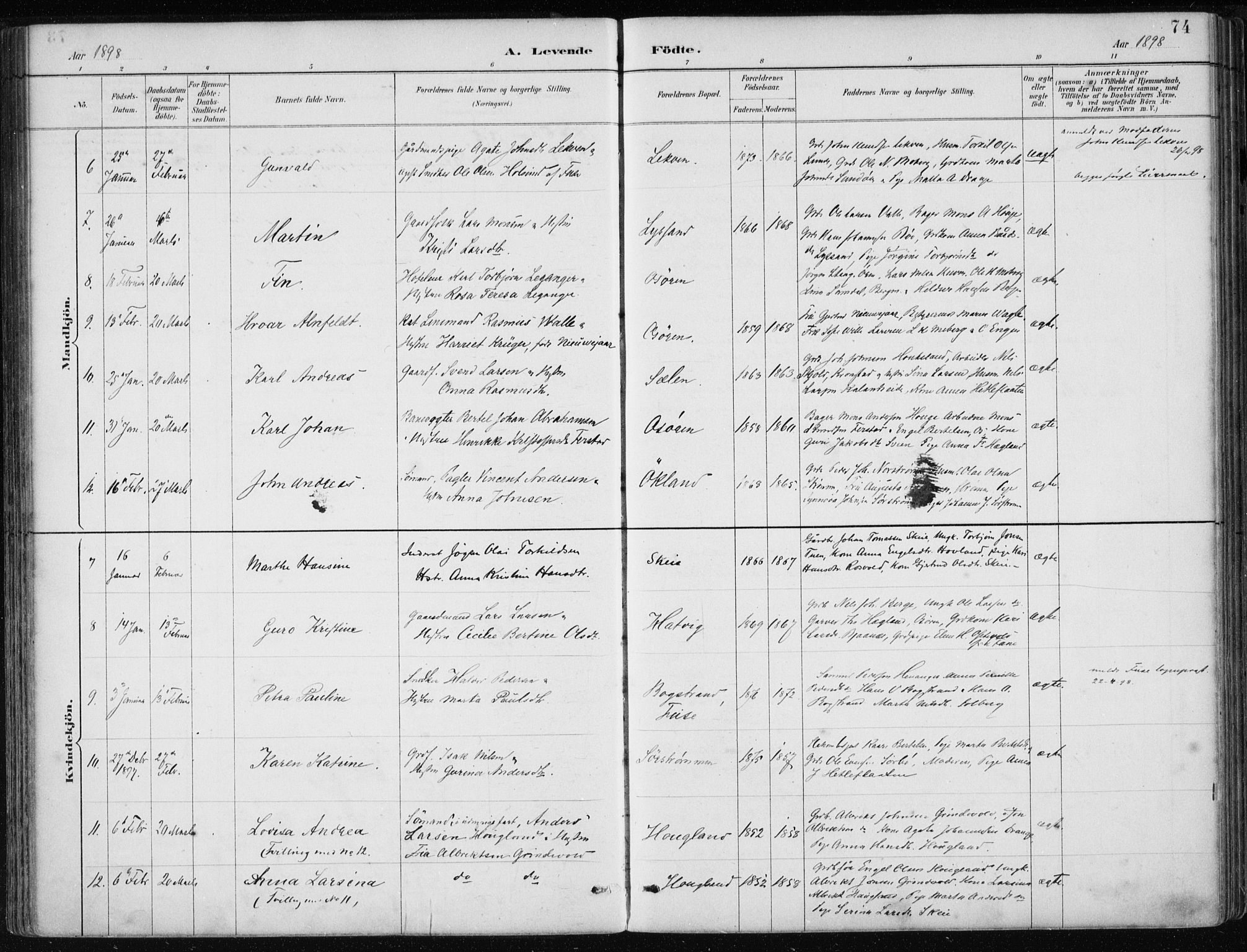 Os sokneprestembete, AV/SAB-A-99929: Parish register (official) no. B 1, 1885-1902, p. 74