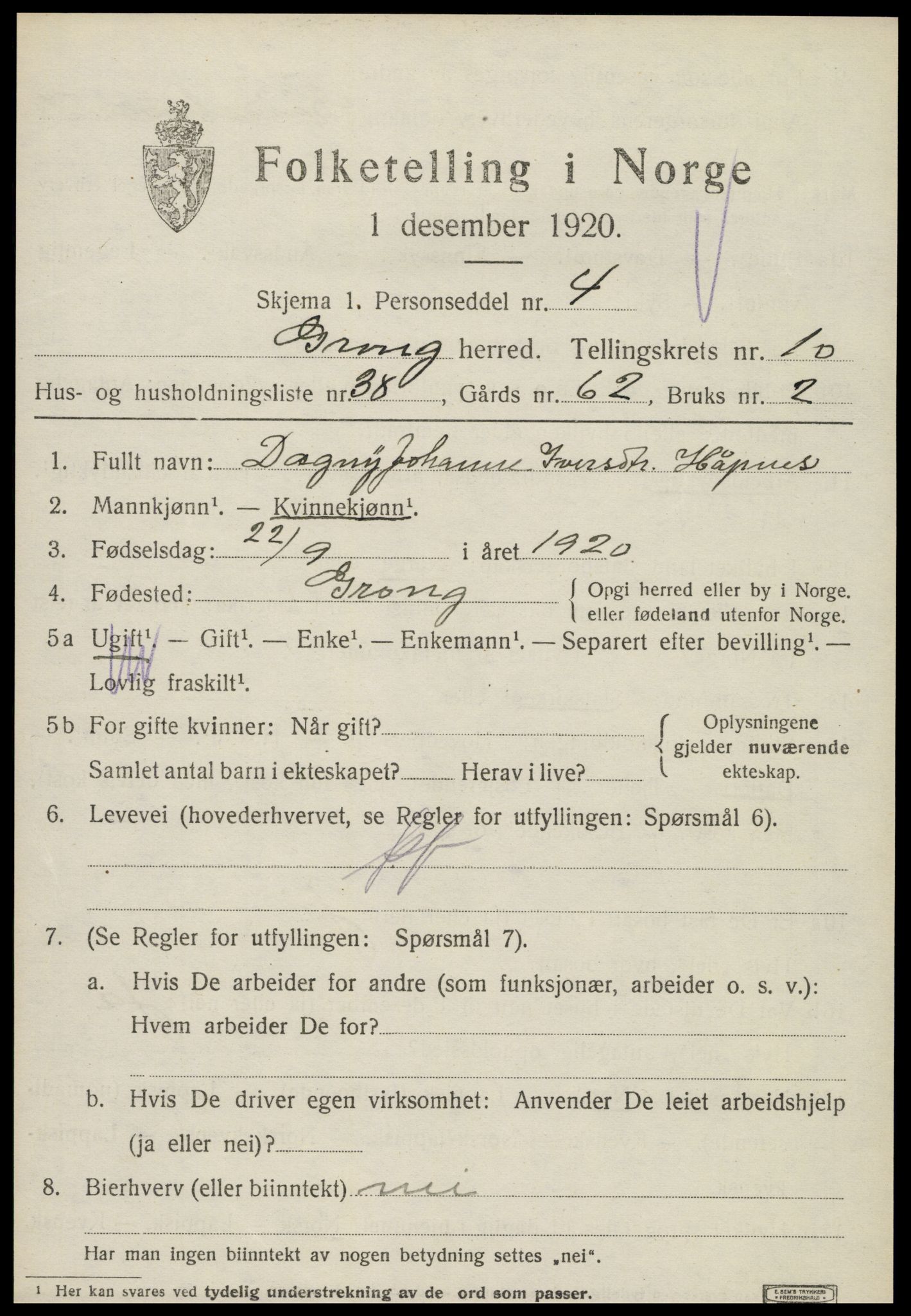 SAT, 1920 census for Grong, 1920, p. 6089