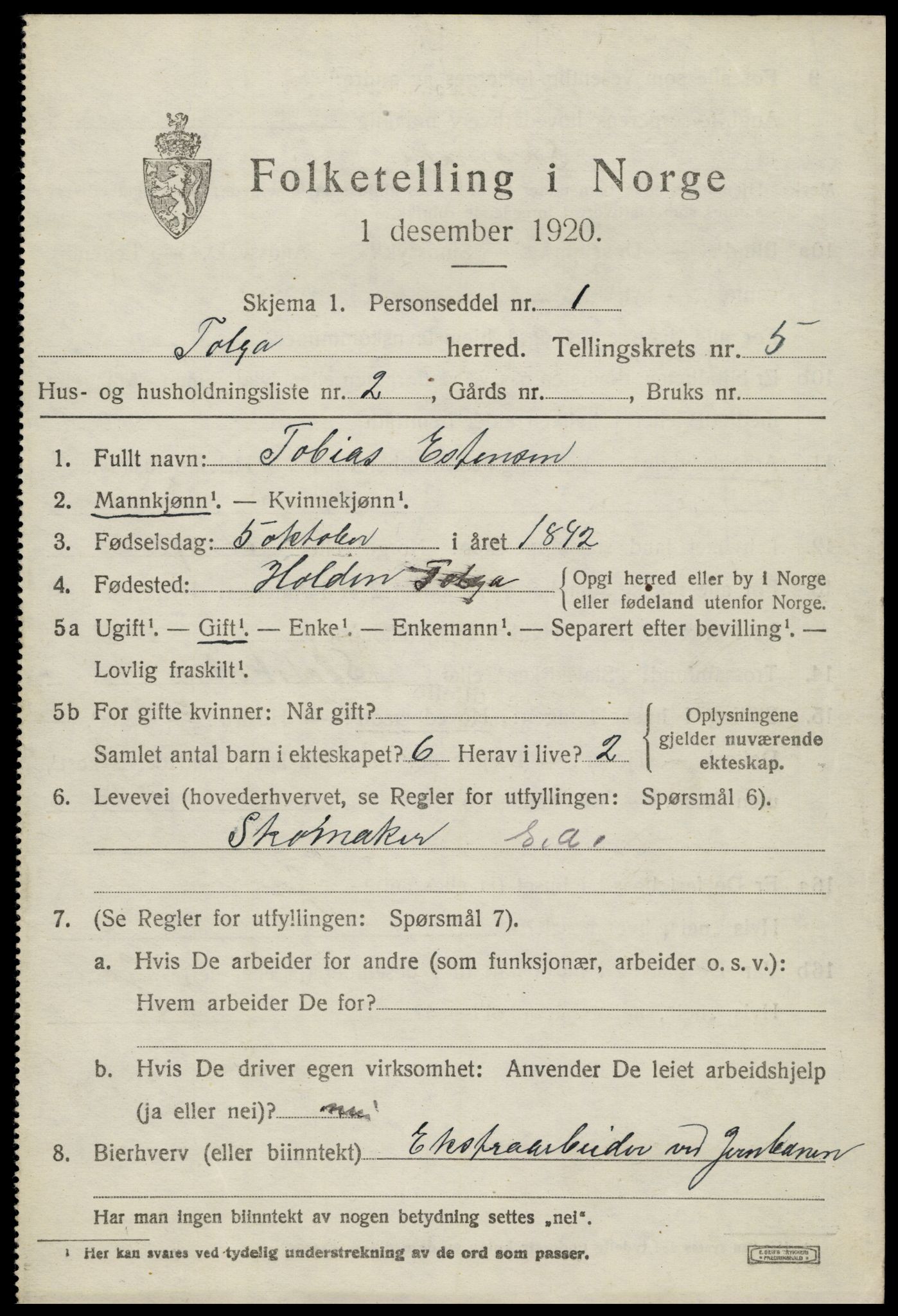 SAH, 1920 census for Tolga, 1920, p. 3209