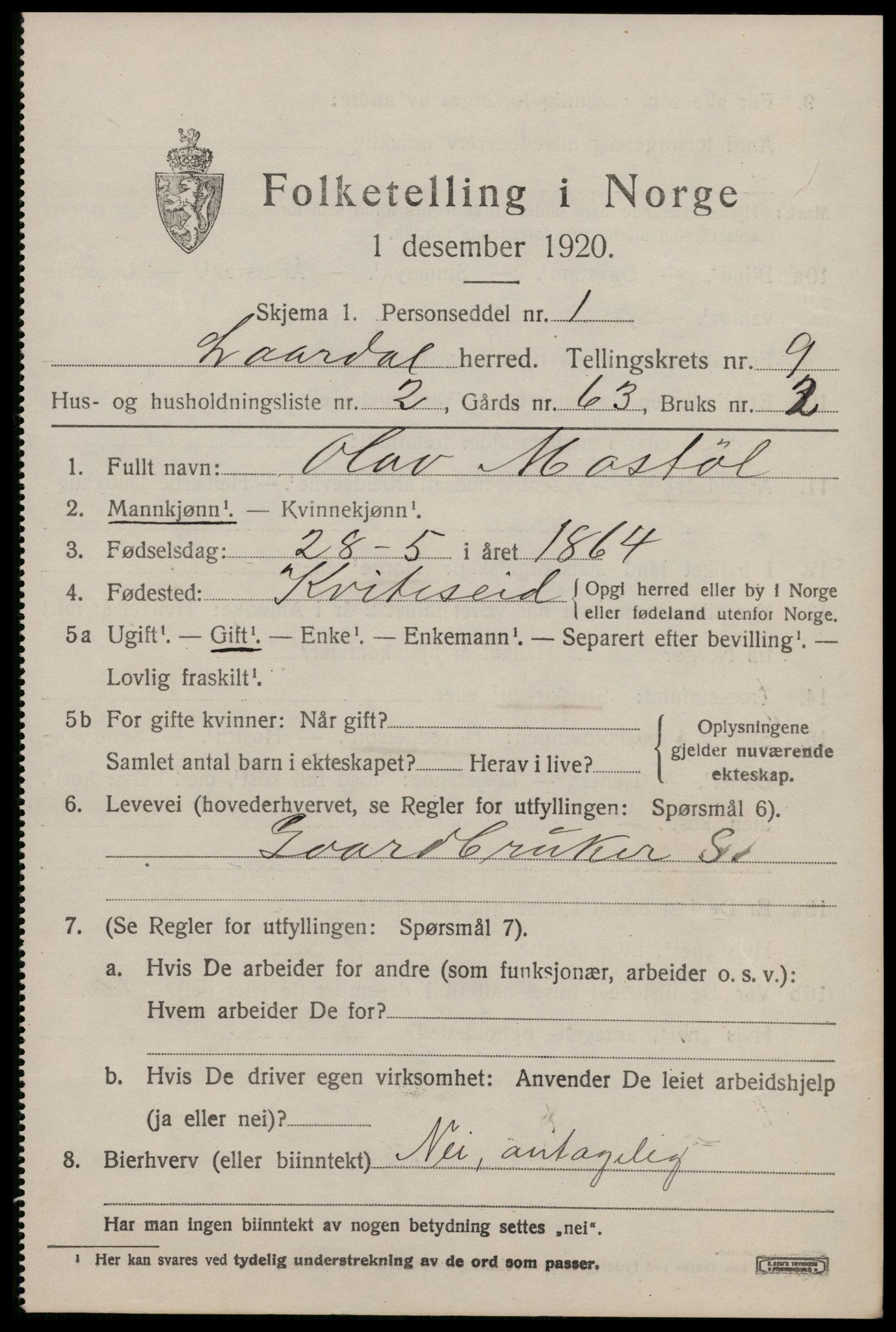 SAKO, 1920 census for Lårdal, 1920, p. 3181