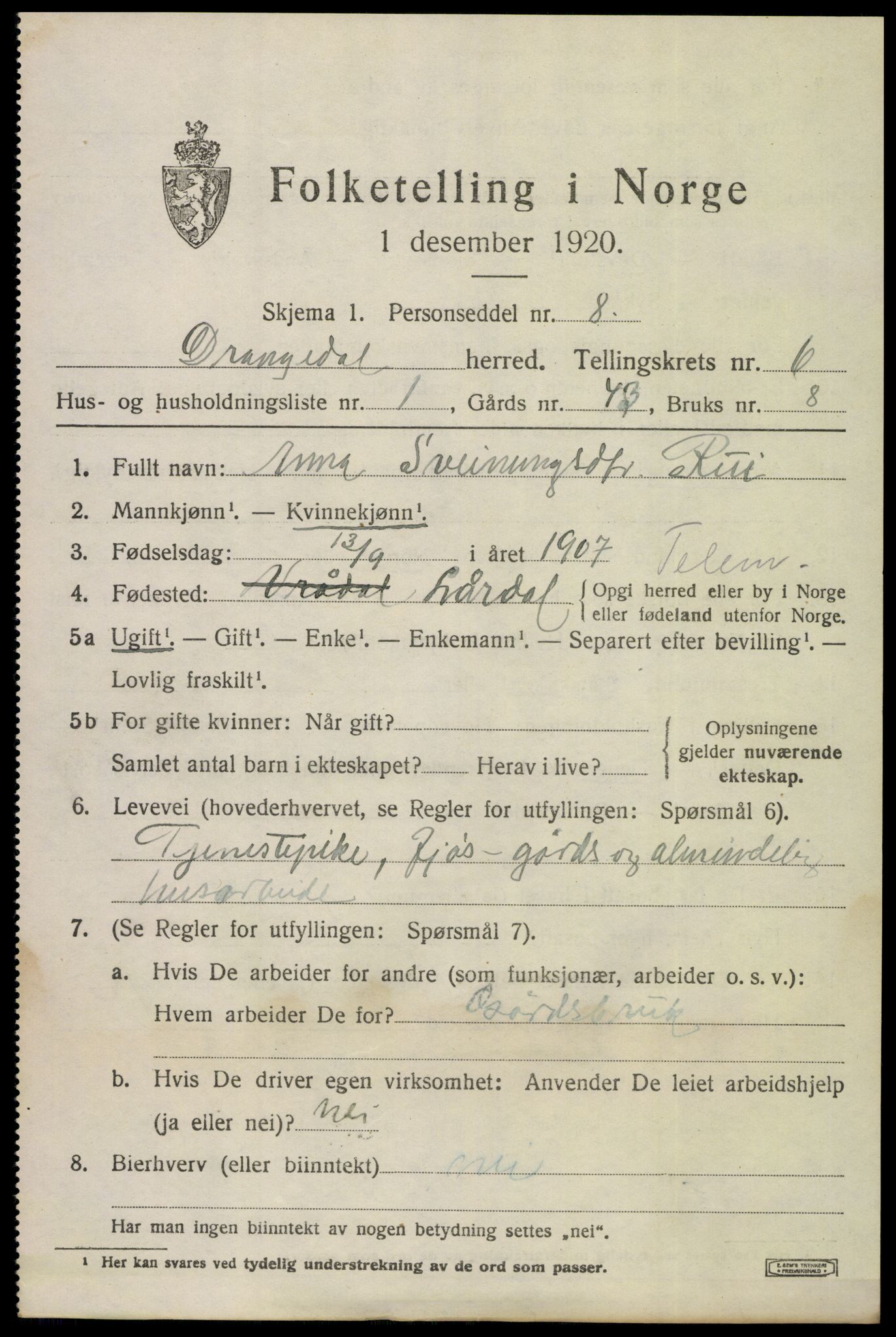 SAKO, 1920 census for Drangedal, 1920, p. 4243