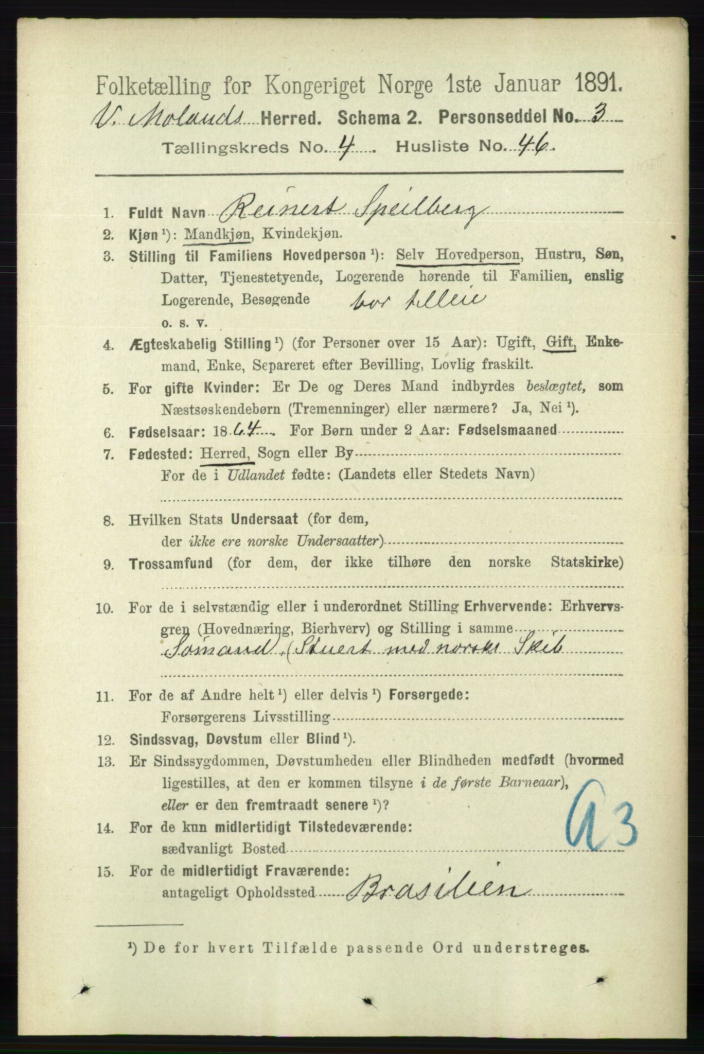 RA, 1891 census for 0926 Vestre Moland, 1891, p. 1566