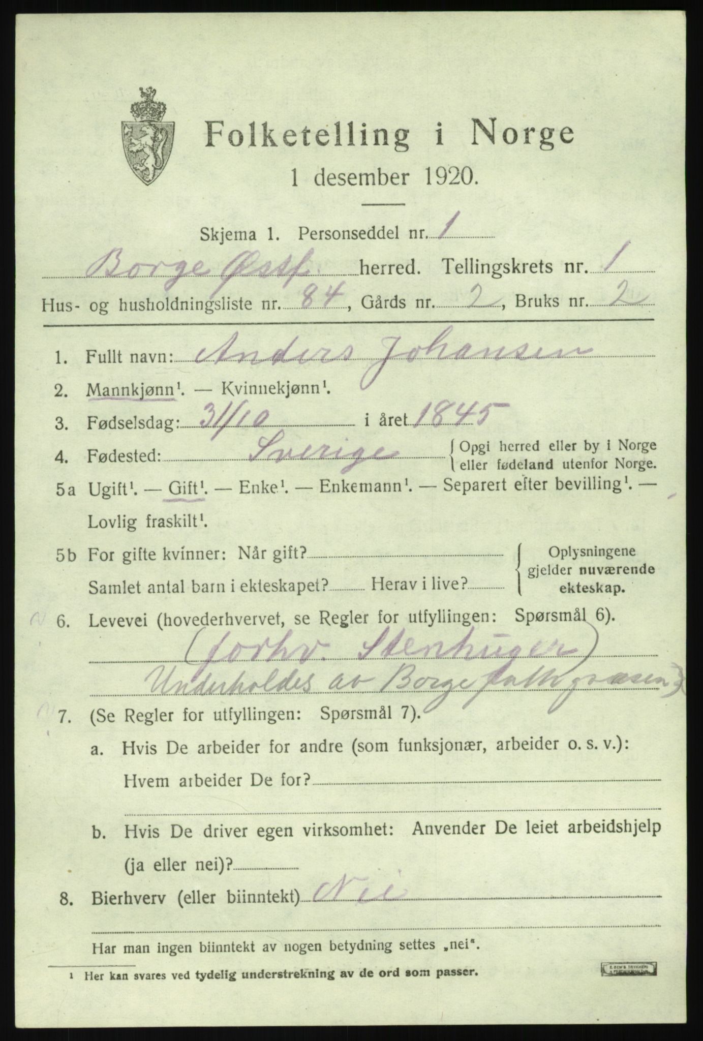 SAO, 1920 census for Borge, 1920, p. 2827