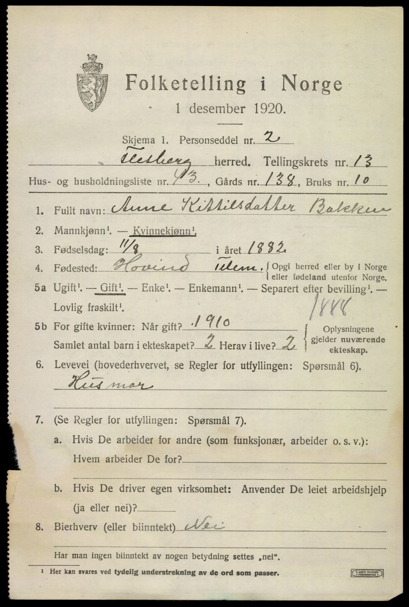 SAKO, 1920 census for Flesberg, 1920, p. 4493