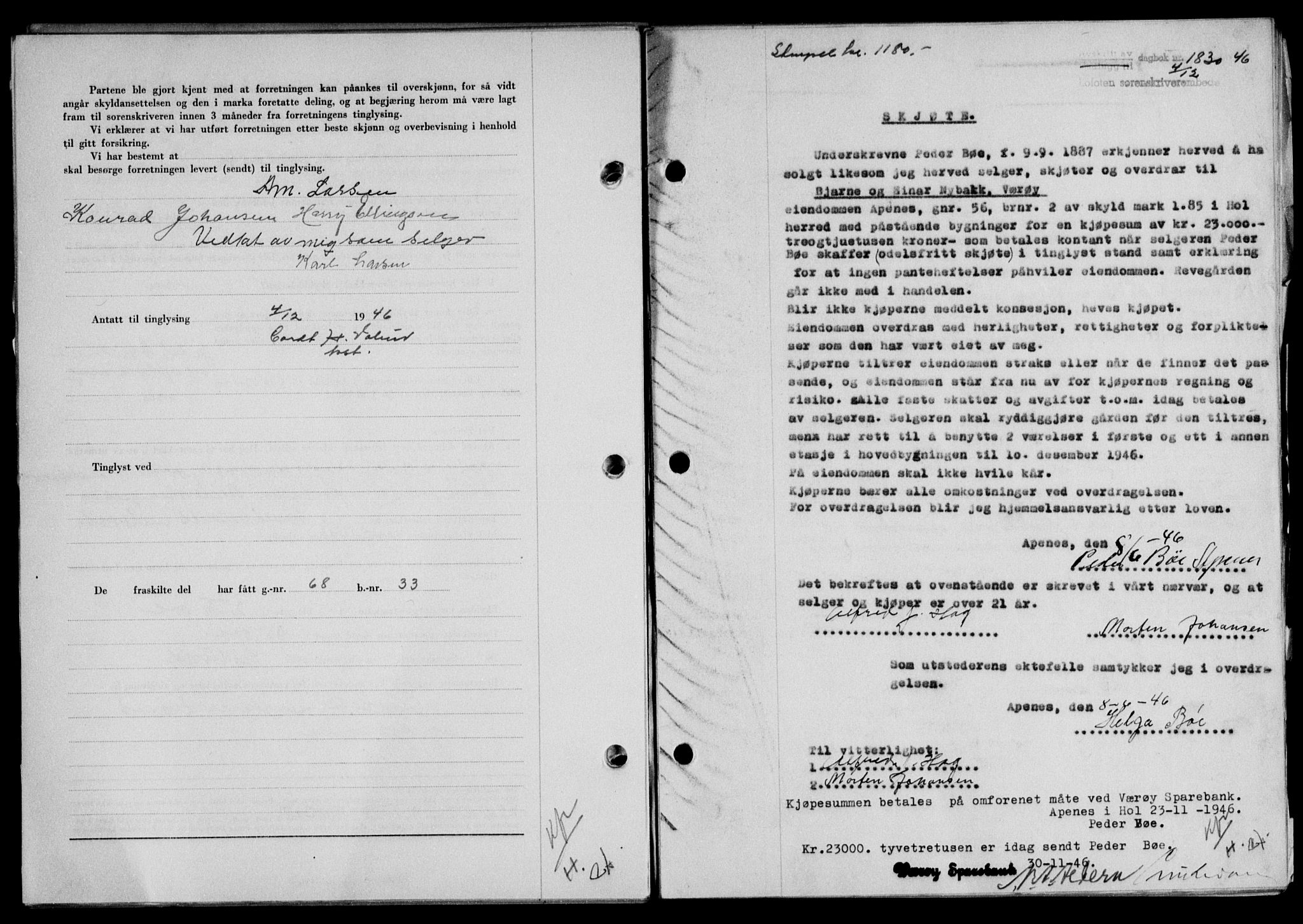 Lofoten sorenskriveri, SAT/A-0017/1/2/2C/L0015a: Mortgage book no. 15a, 1946-1947, Diary no: : 1830/1946