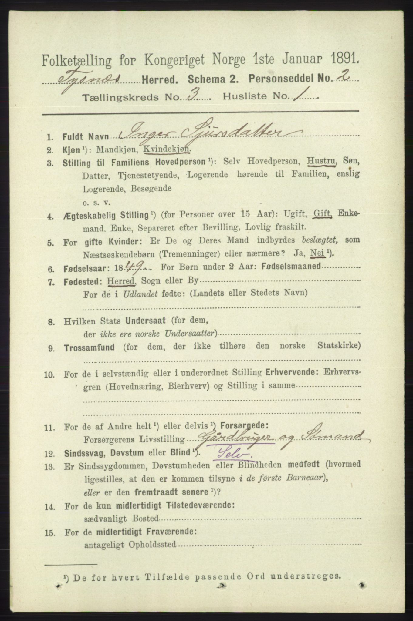 RA, 1891 census for 1223 Tysnes, 1891, p. 844