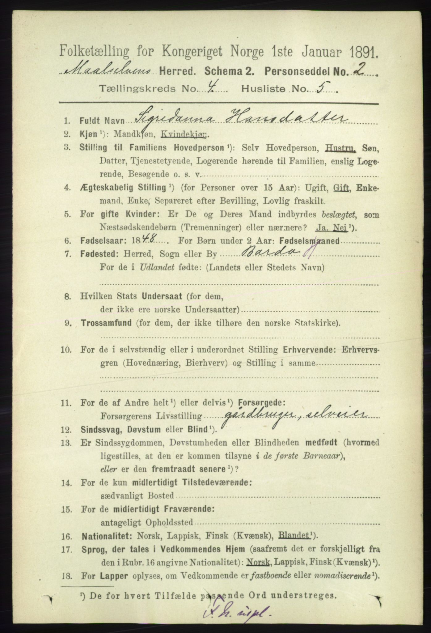 RA, 1891 census for 1924 Målselv, 1891, p. 1111
