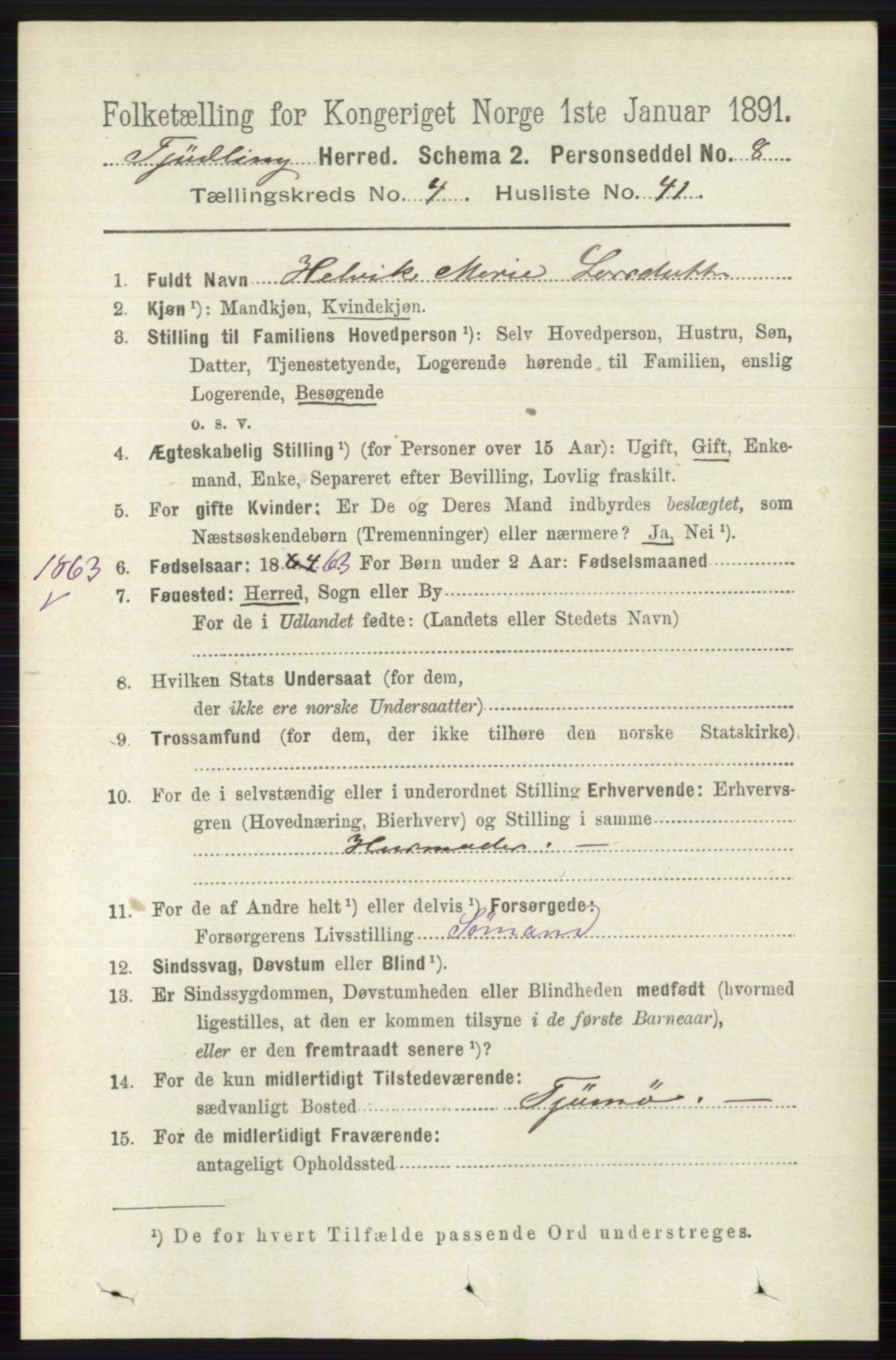 RA, 1891 census for 0725 Tjølling, 1891, p. 1679