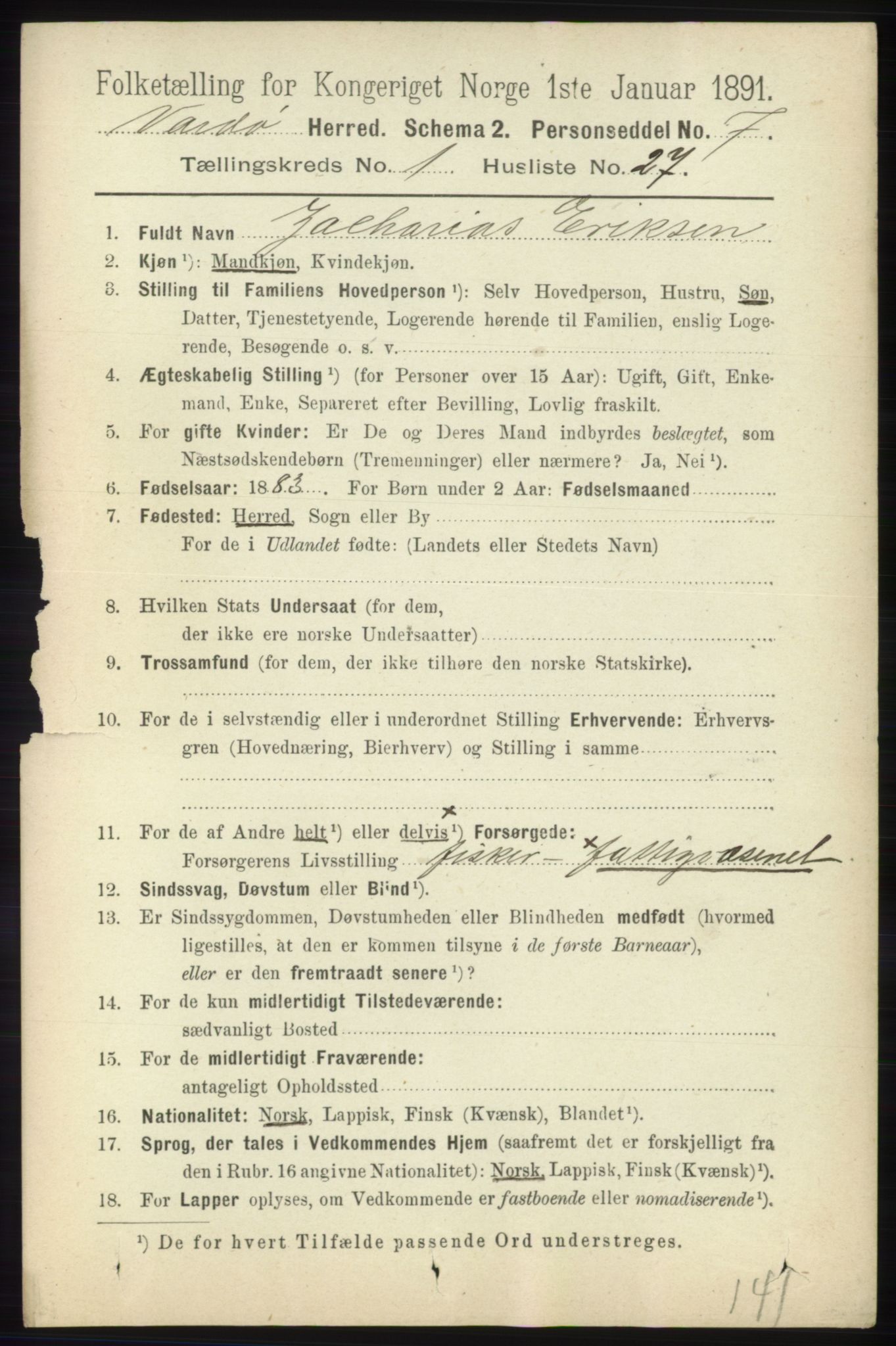 RA, 1891 census for 2028 Vardø, 1891, p. 206