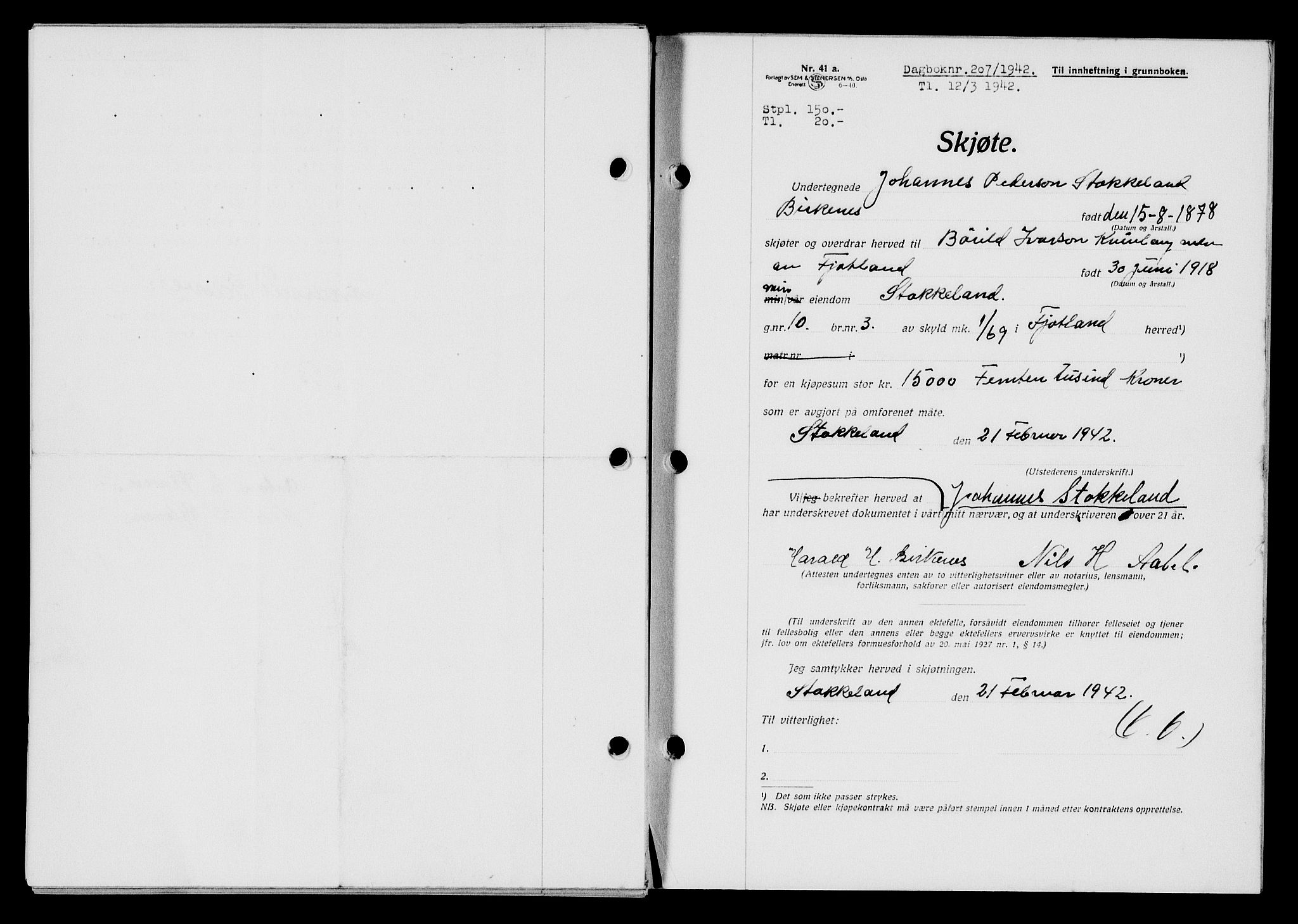 Flekkefjord sorenskriveri, AV/SAK-1221-0001/G/Gb/Gba/L0057: Mortgage book no. A-5, 1941-1942, Diary no: : 207/1942