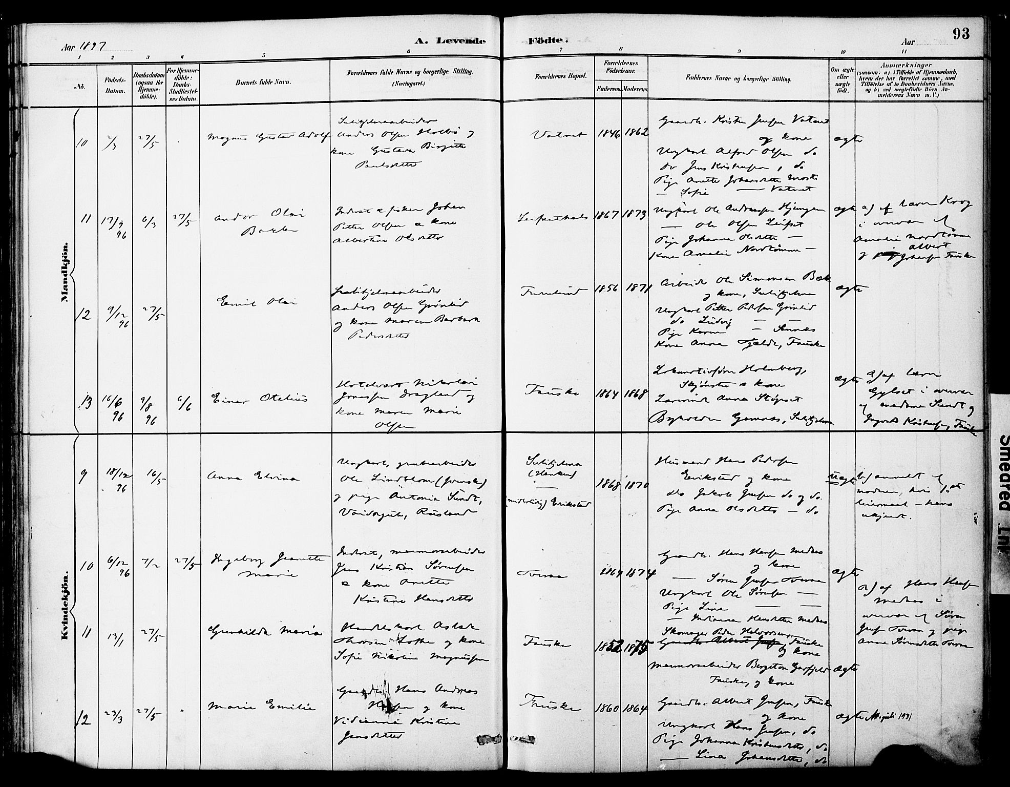 Ministerialprotokoller, klokkerbøker og fødselsregistre - Nordland, AV/SAT-A-1459/849/L0690: Parish register (official) no. 849A02, 1890-1897, p. 93