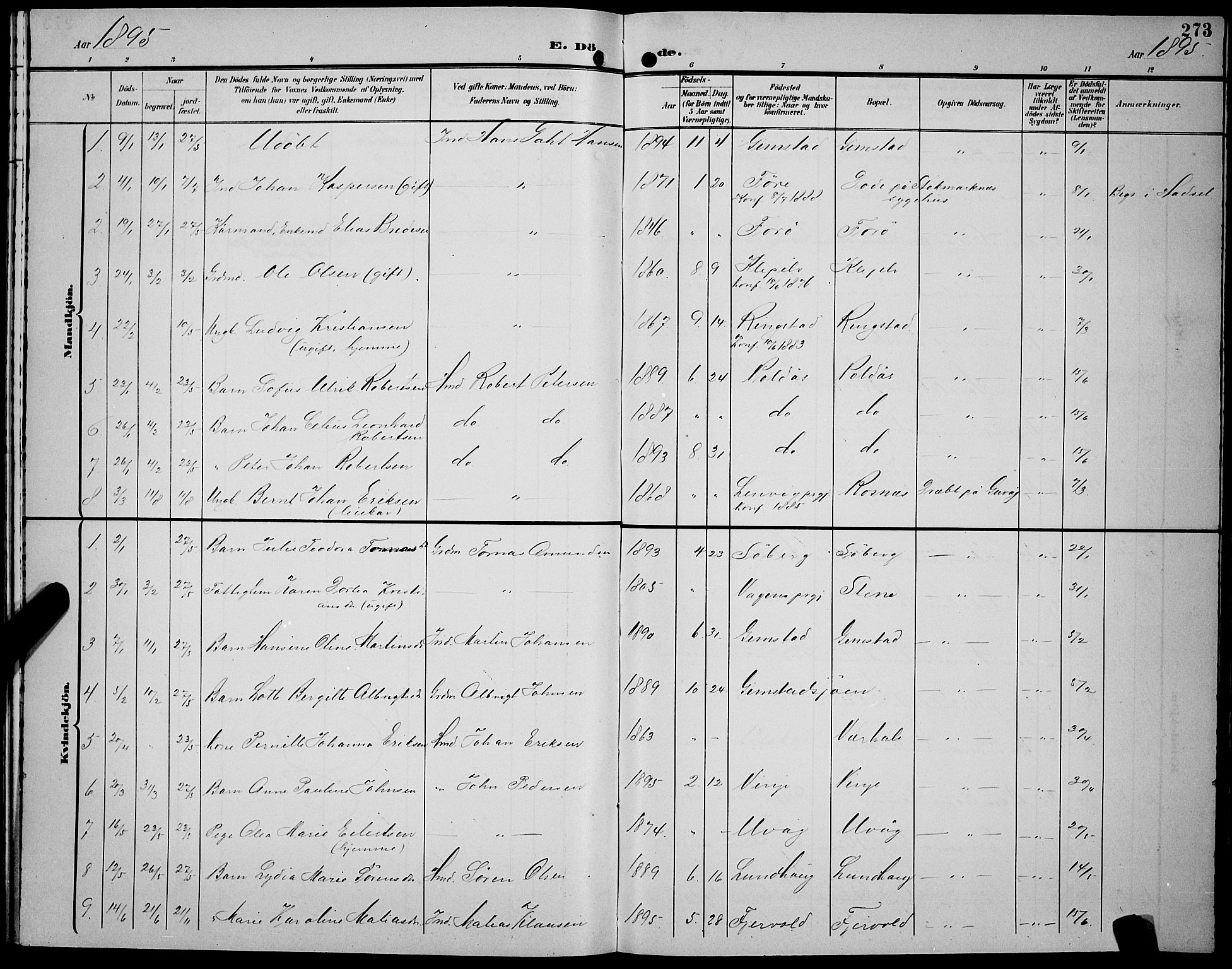 Ministerialprotokoller, klokkerbøker og fødselsregistre - Nordland, SAT/A-1459/891/L1316: Parish register (copy) no. 891C05, 1894-1898, p. 273