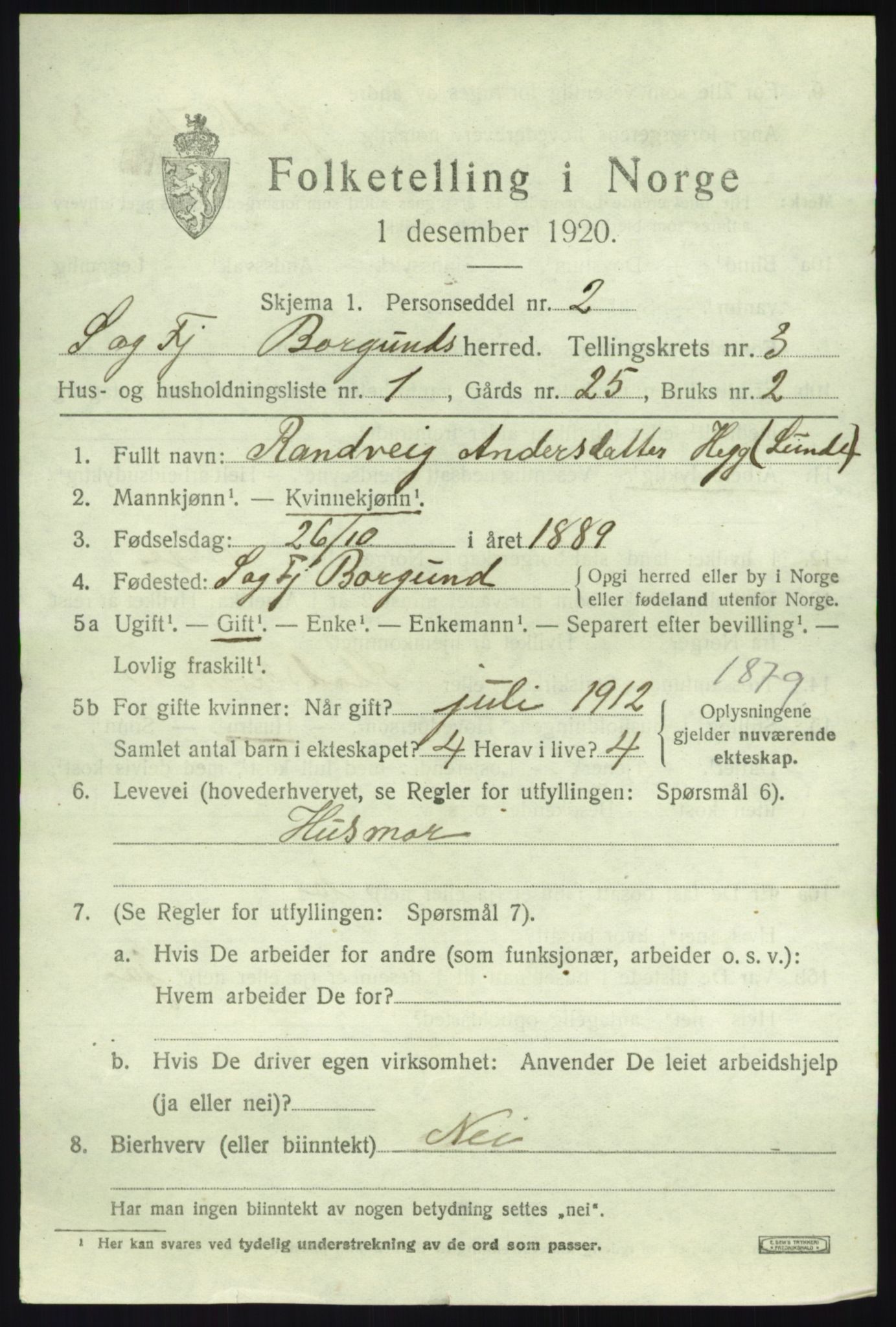 SAB, 1920 census for Borgund, 1920, p. 1092