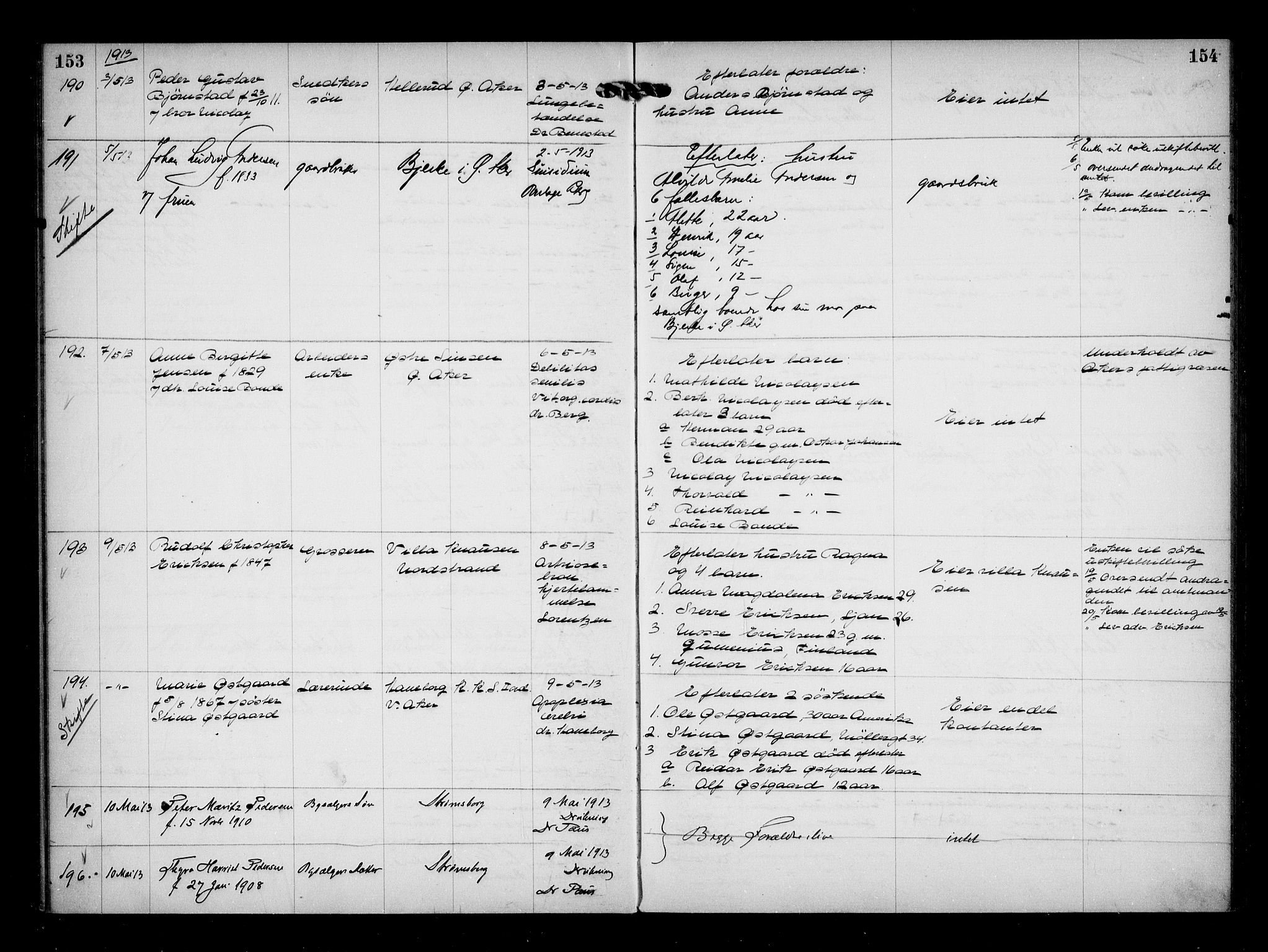 Aker kriminaldommer, skifte- og auksjonsforvalterembete, AV/SAO-A-10452/H/Hb/Hba/Hbaa/L0003: Dødsfallsprotokoll, 1912-1914, p. 153-154