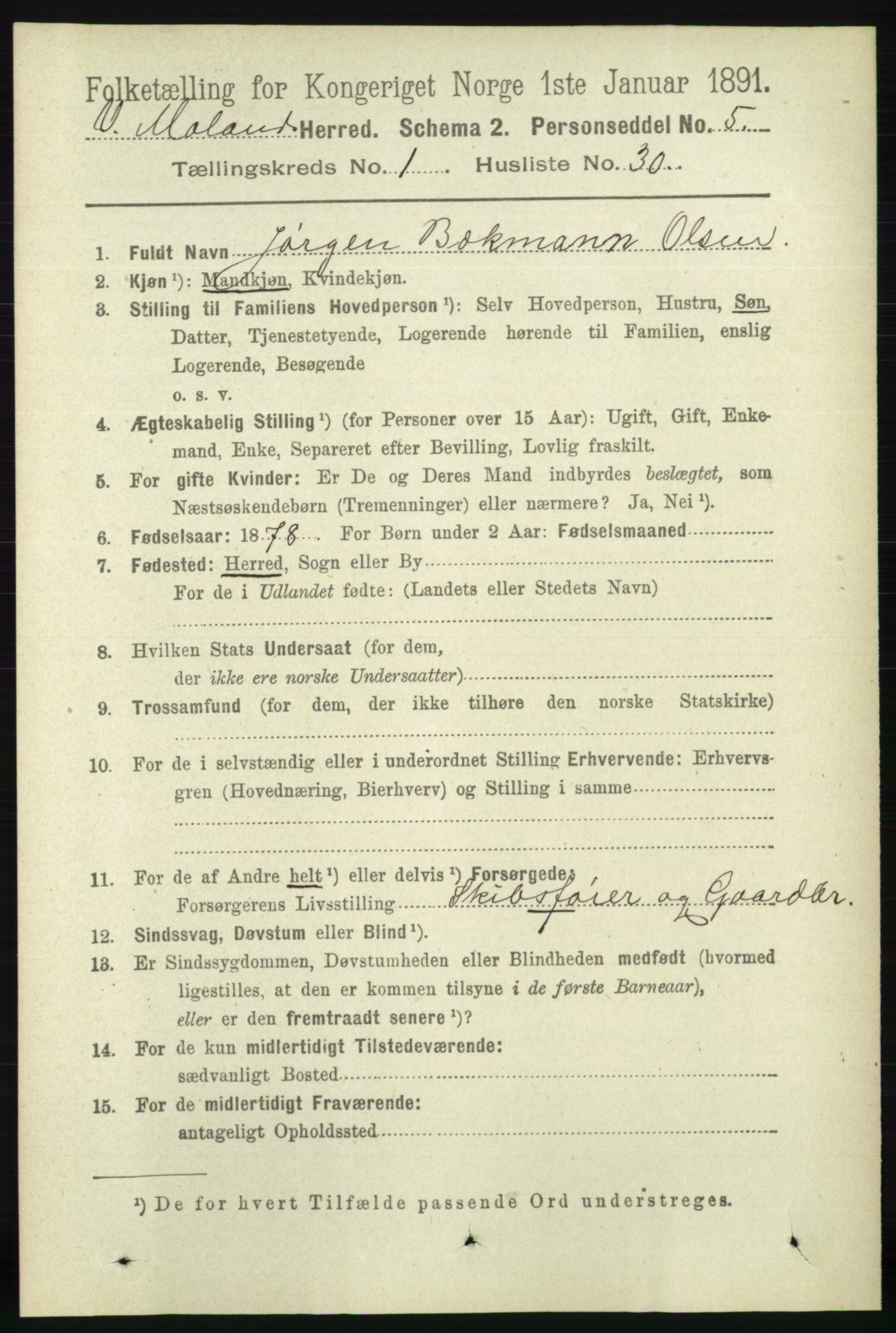 RA, 1891 census for 0926 Vestre Moland, 1891, p. 282