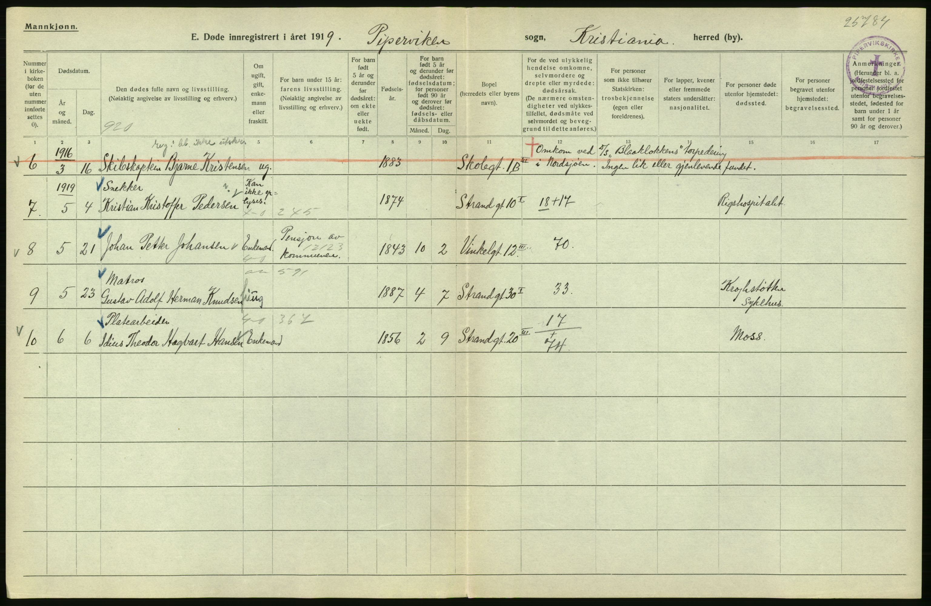 Statistisk sentralbyrå, Sosiodemografiske emner, Befolkning, RA/S-2228/D/Df/Dfb/Dfbi/L0010: Kristiania: Døde, 1919, p. 532