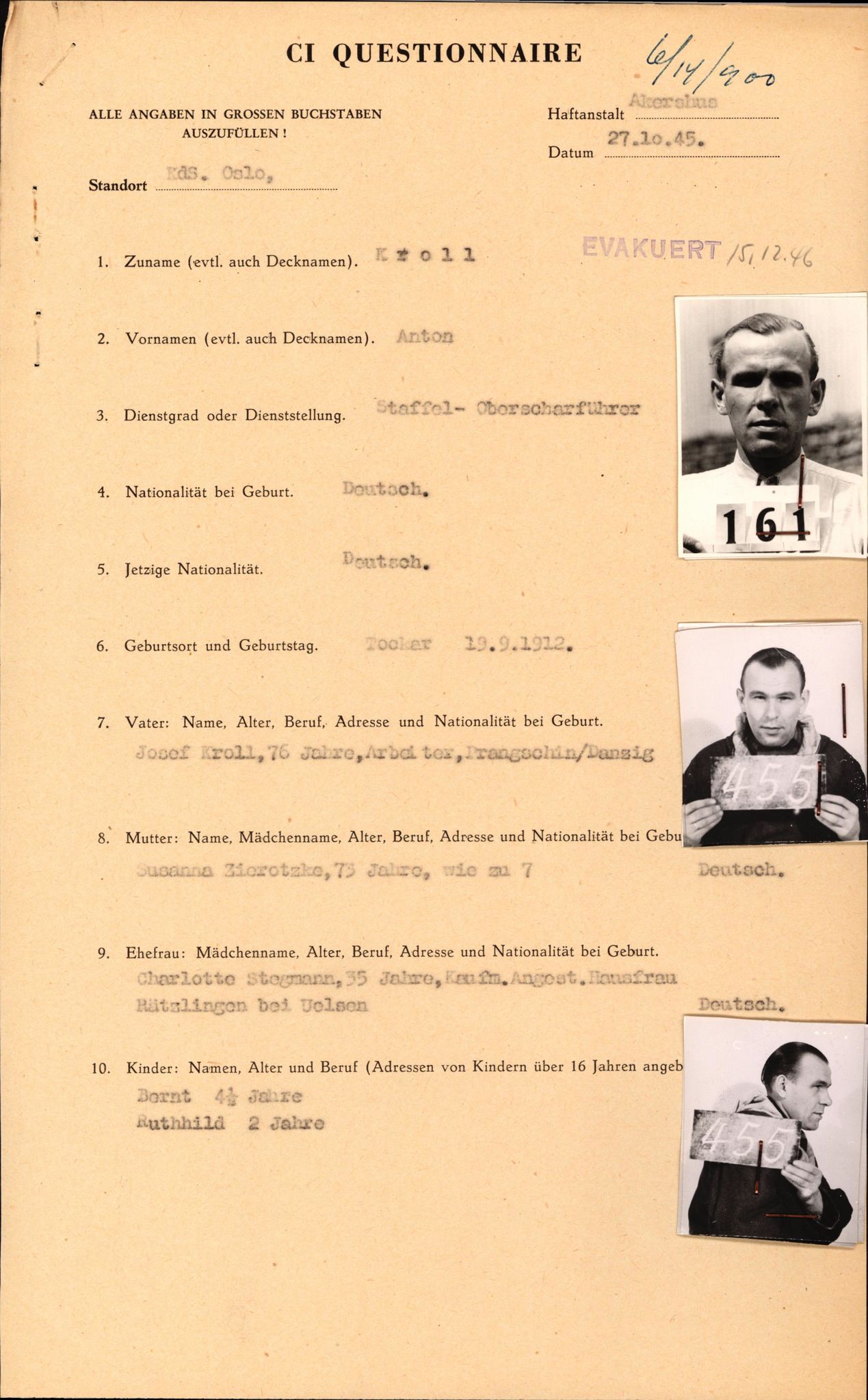 Forsvaret, Forsvarets overkommando II, AV/RA-RAFA-3915/D/Db/L0018: CI Questionaires. Tyske okkupasjonsstyrker i Norge. Tyskere., 1945-1946, p. 313