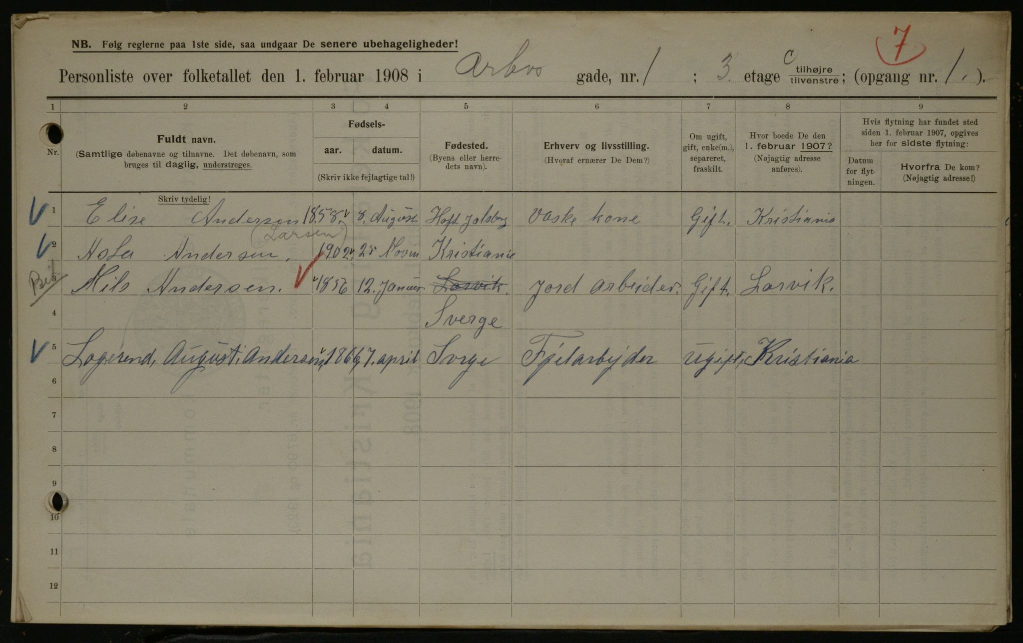 OBA, Municipal Census 1908 for Kristiania, 1908, p. 1900