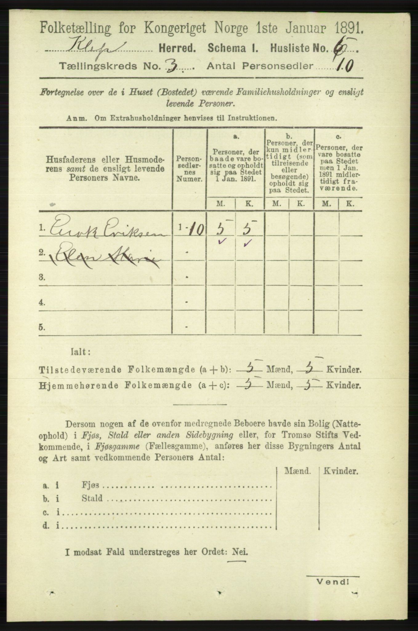 RA, 1891 census for 1120 Klepp, 1891, p. 596