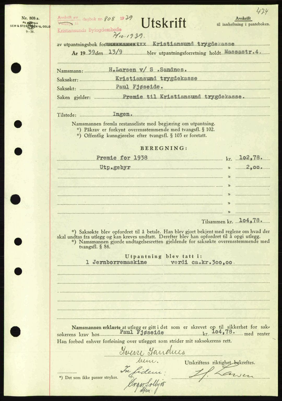 Kristiansund byfogd, AV/SAT-A-4587/A/27: Mortgage book no. 31, 1938-1939, Diary no: : 808/1939