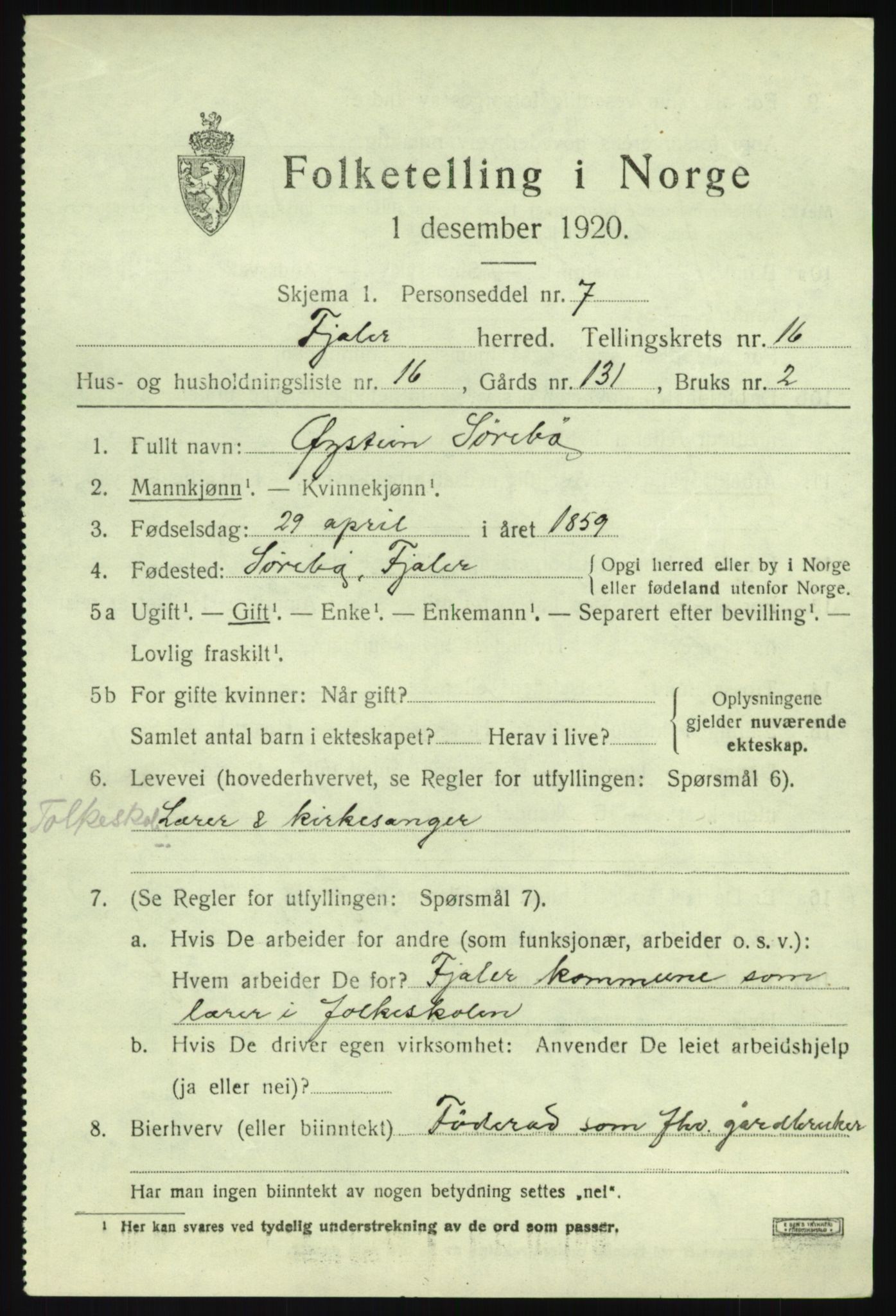 SAB, 1920 census for Fjaler, 1920, p. 8593