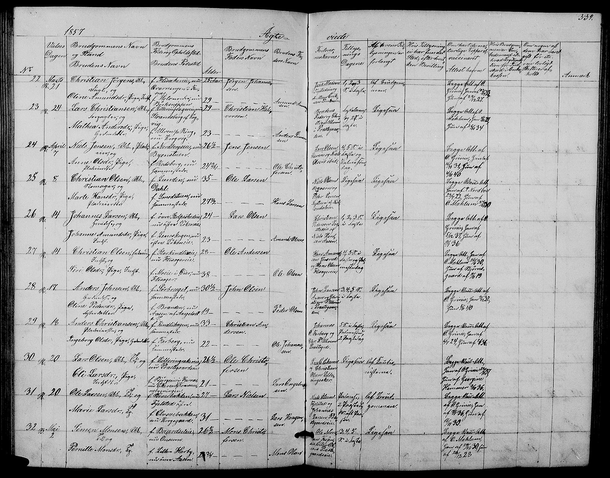 Ringsaker prestekontor, SAH/PREST-014/L/La/L0006: Parish register (copy) no. 6, 1851-1860, p. 339