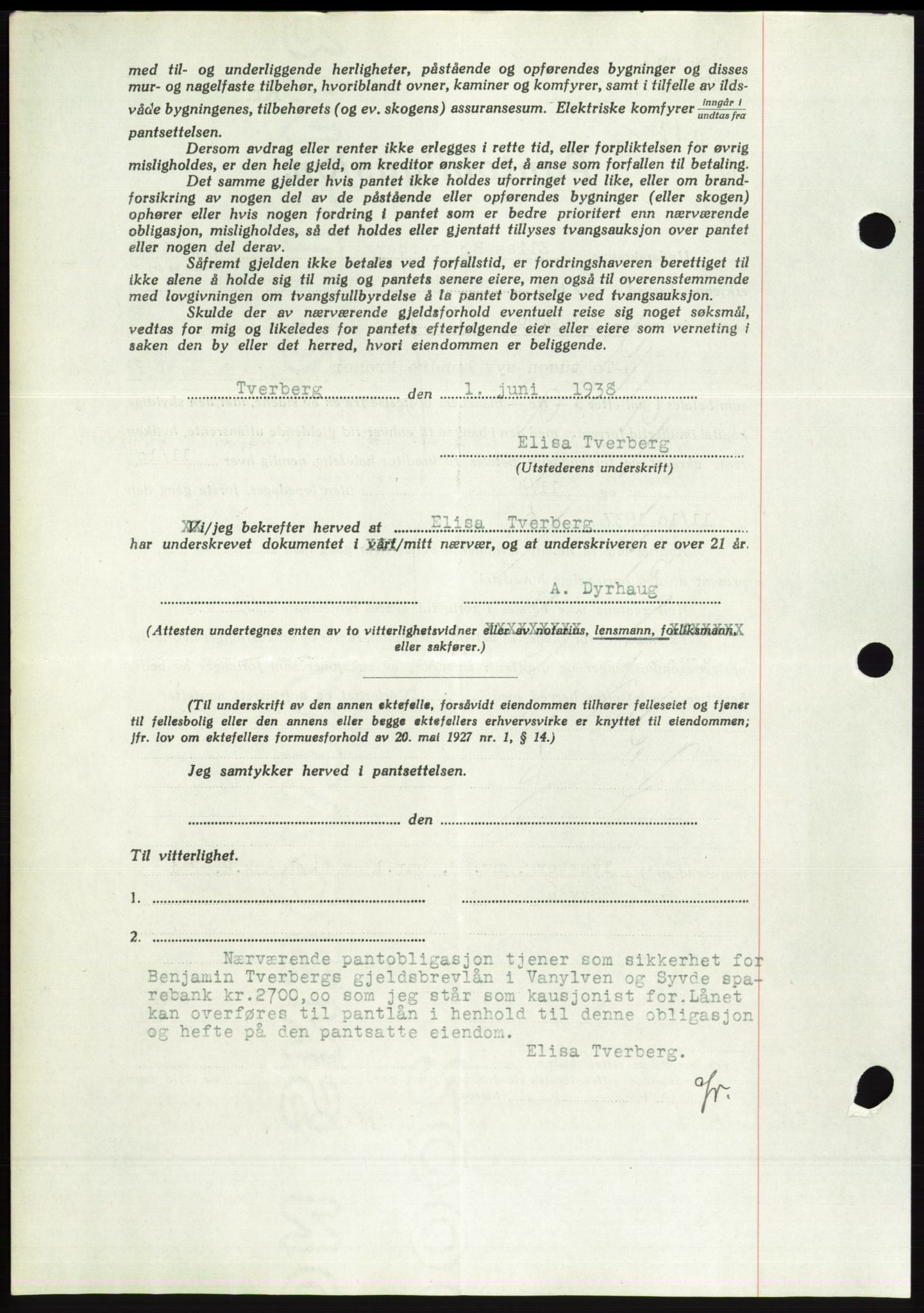 Søre Sunnmøre sorenskriveri, AV/SAT-A-4122/1/2/2C/L0065: Mortgage book no. 59, 1938-1938, Diary no: : 842/1938