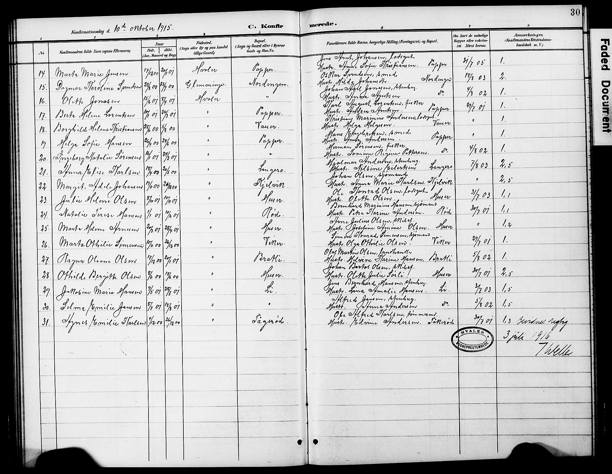 Hvaler prestekontor Kirkebøker, AV/SAO-A-2001/G/Gb/L0002: Parish register (copy) no. II 2, 1901-1928, p. 30