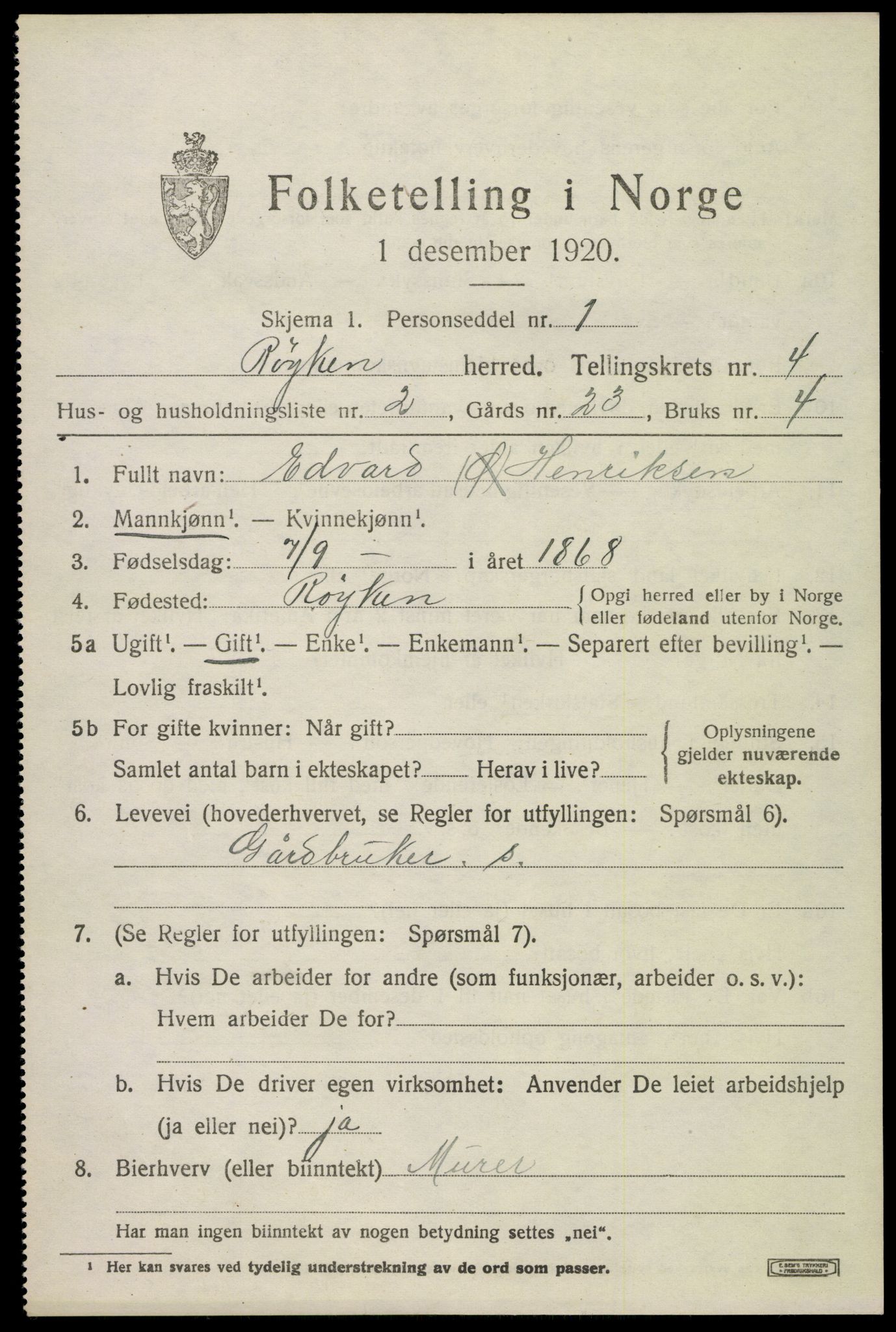 SAKO, 1920 census for Røyken, 1920, p. 5496