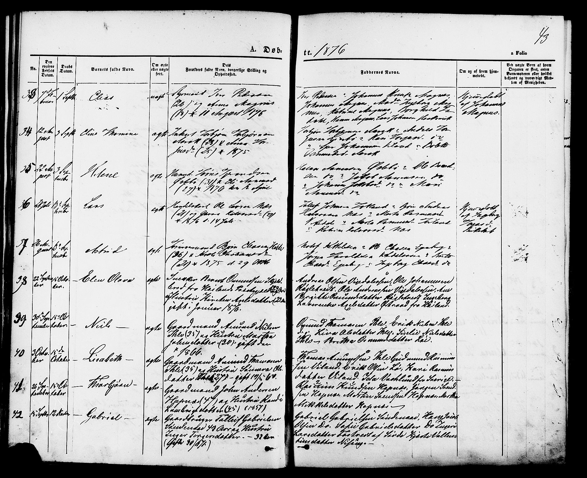 Vikedal sokneprestkontor, AV/SAST-A-101840/01/IV: Parish register (official) no. A 7, 1868-1883, p. 43