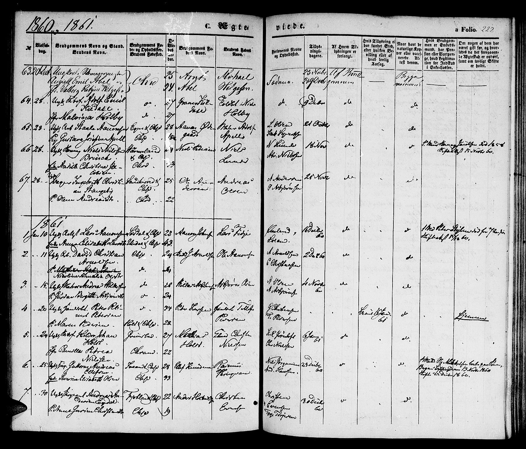 Kristiansand domprosti, SAK/1112-0006/F/Fb/L0011: Parish register (copy) no. B 11, 1851-1861, p. 222