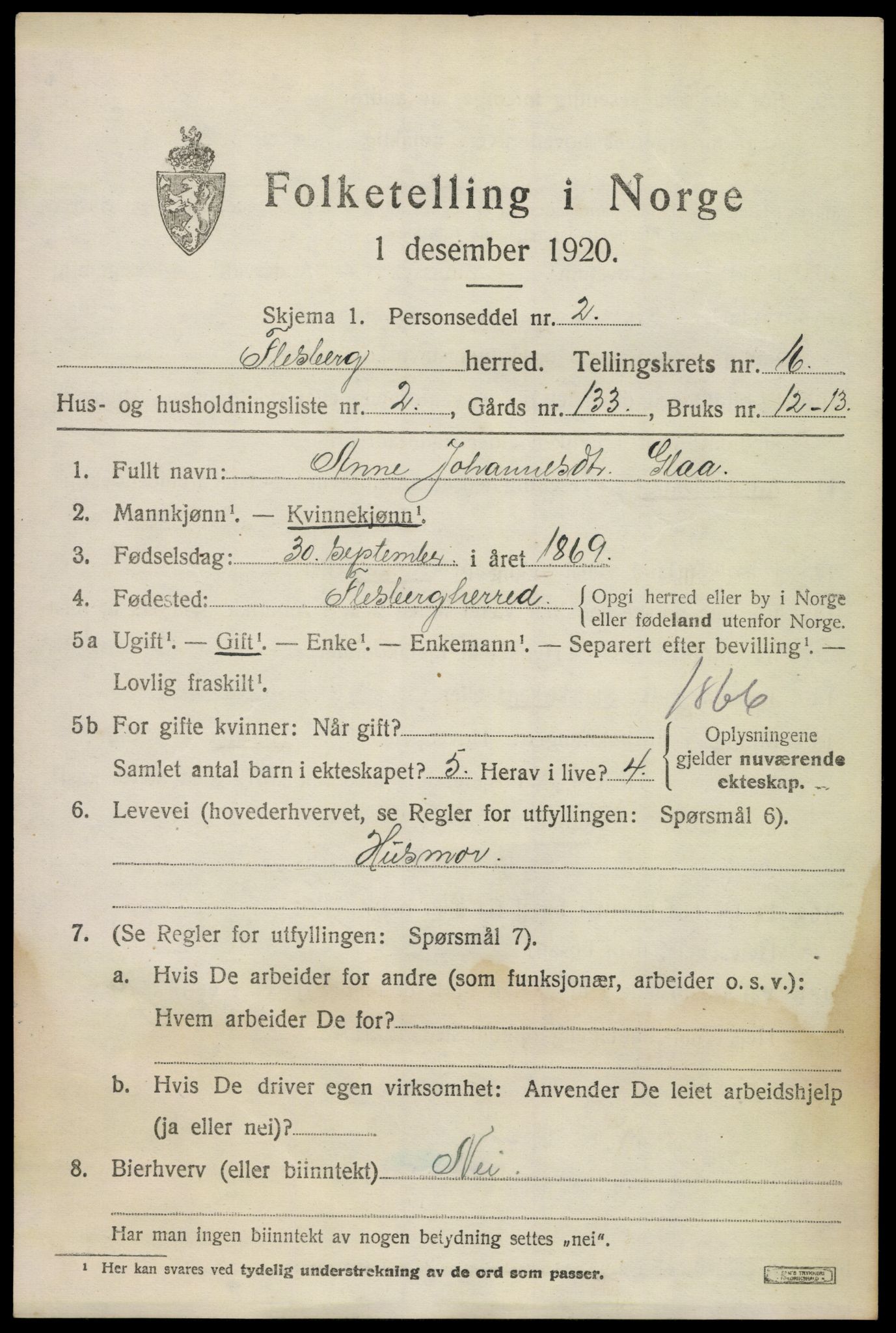 SAKO, 1920 census for Flesberg, 1920, p. 5015