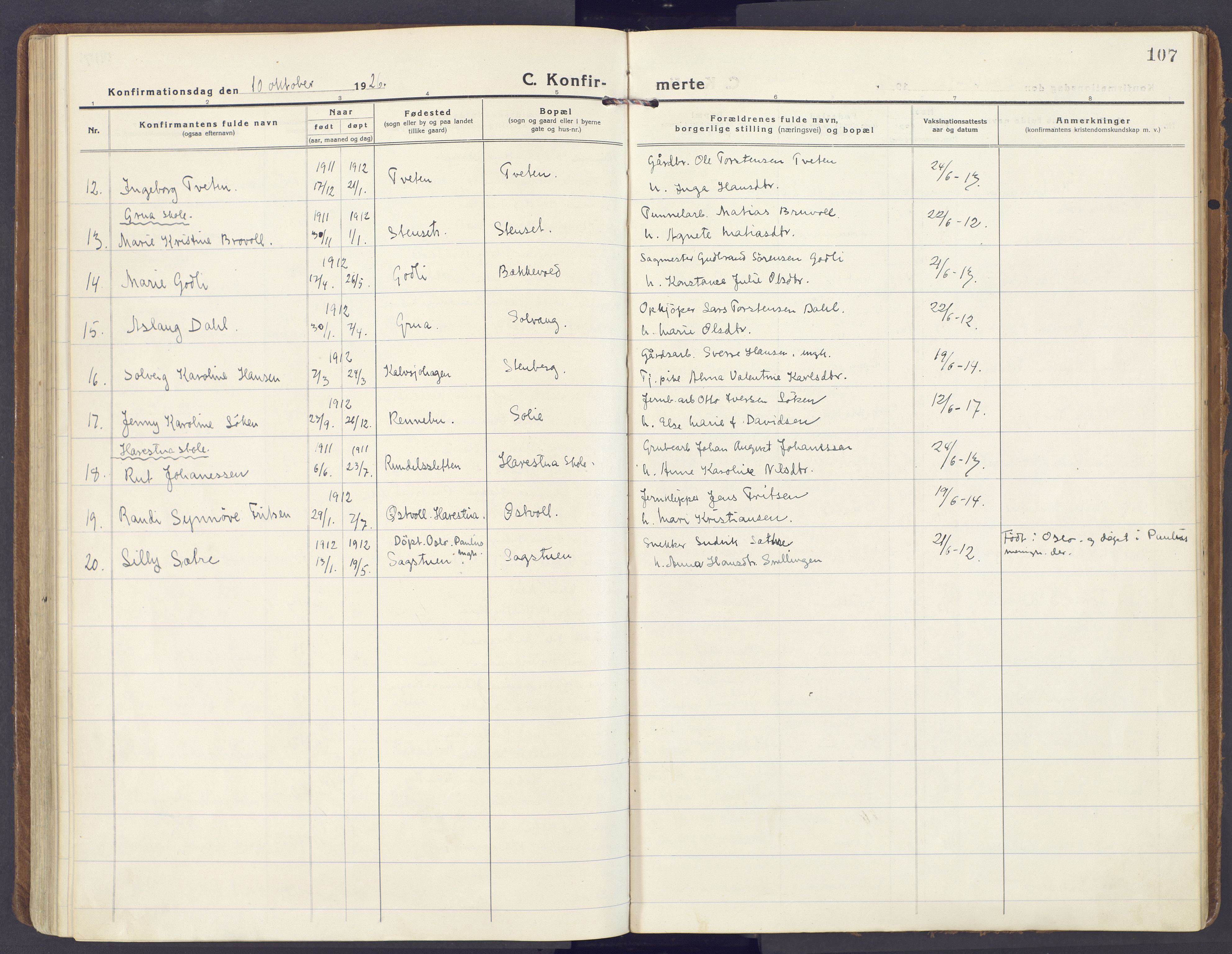 Lunner prestekontor, SAH/PREST-118/H/Ha/Haa/L0002: Parish register (official) no. 2, 1922-1931, p. 107