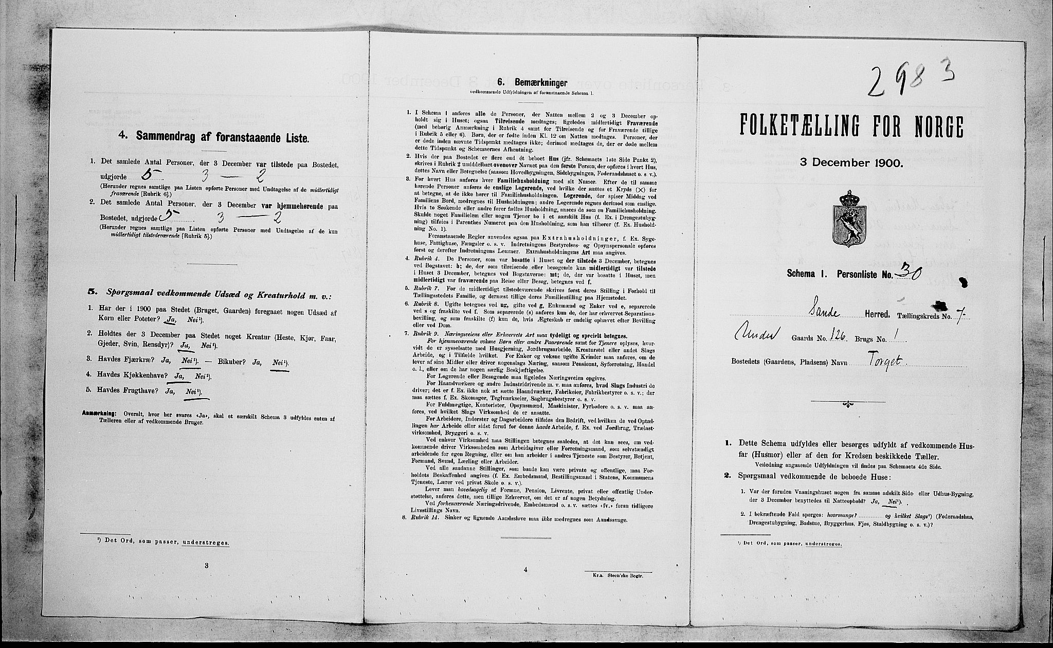 RA, 1900 census for Sande, 1900, p. 1107