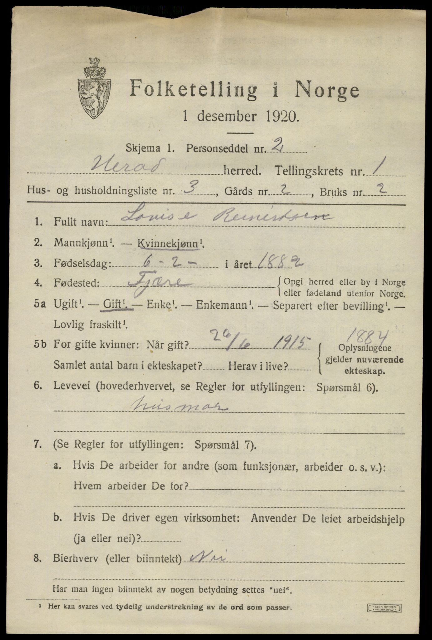 SAK, 1920 census for Herad, 1920, p. 456