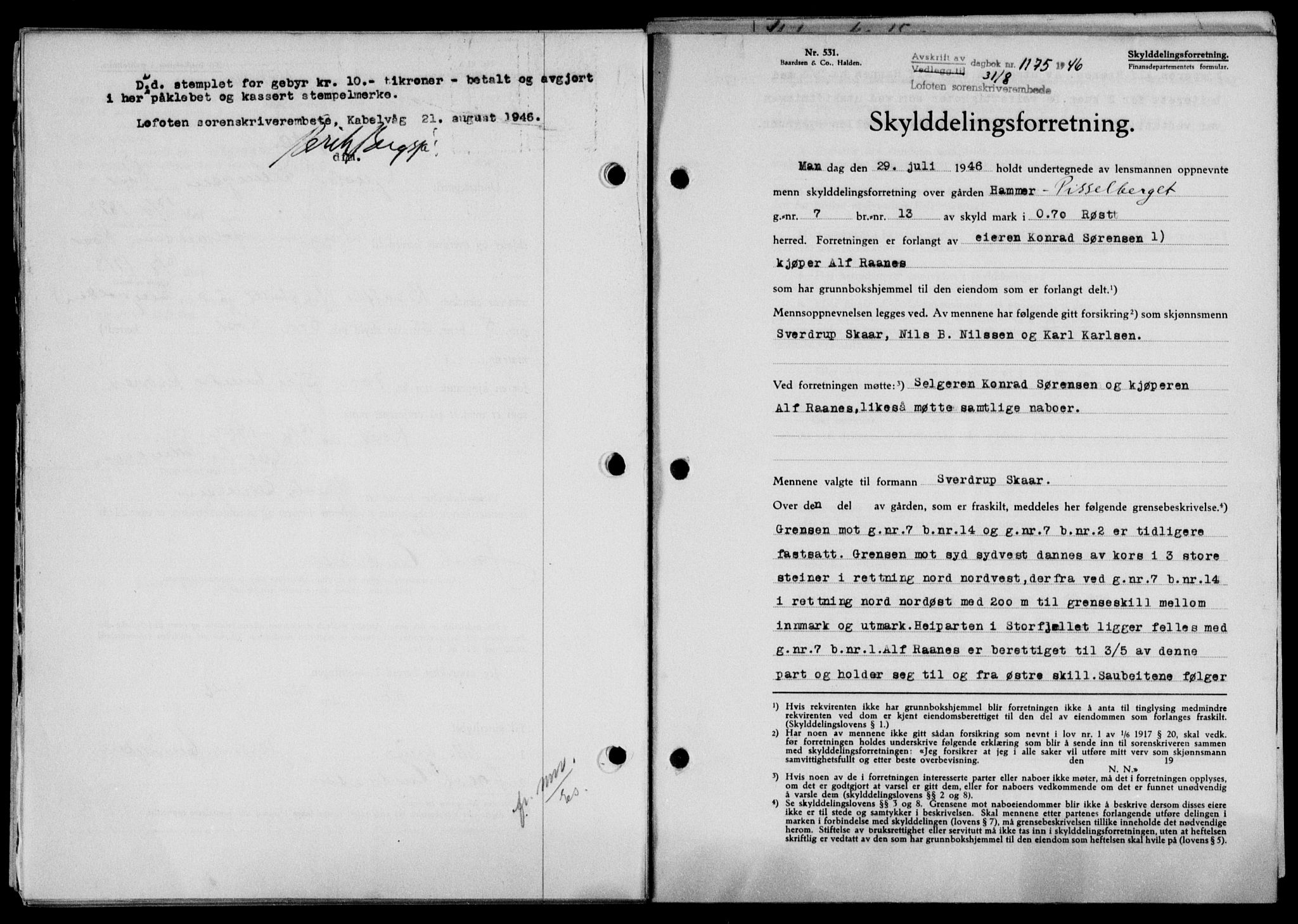 Lofoten sorenskriveri, SAT/A-0017/1/2/2C/L0014a: Mortgage book no. 14a, 1946-1946, Diary no: : 1175/1946