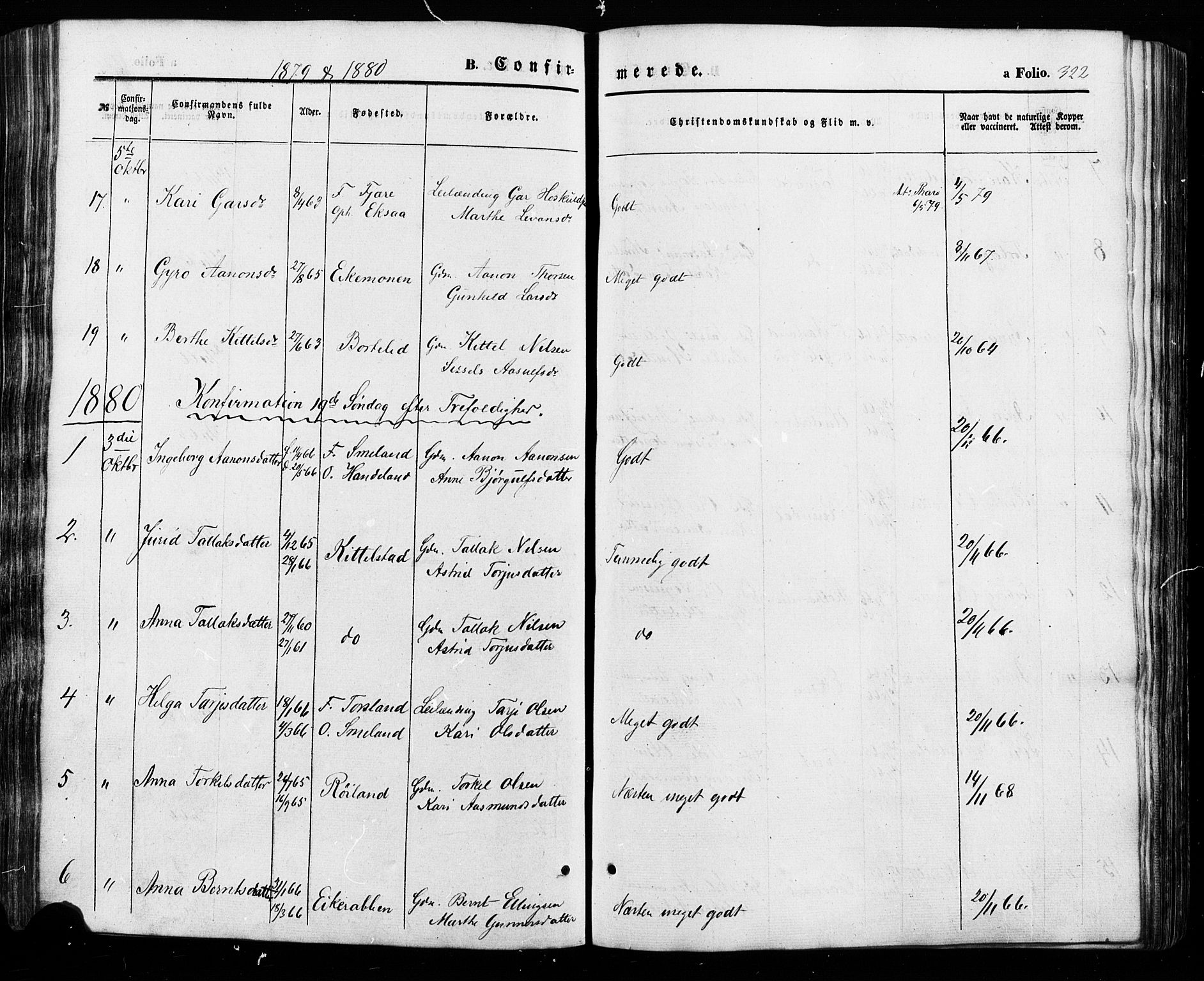 Åseral sokneprestkontor, SAK/1111-0051/F/Fa/L0002: Parish register (official) no. A 2, 1854-1884, p. 322