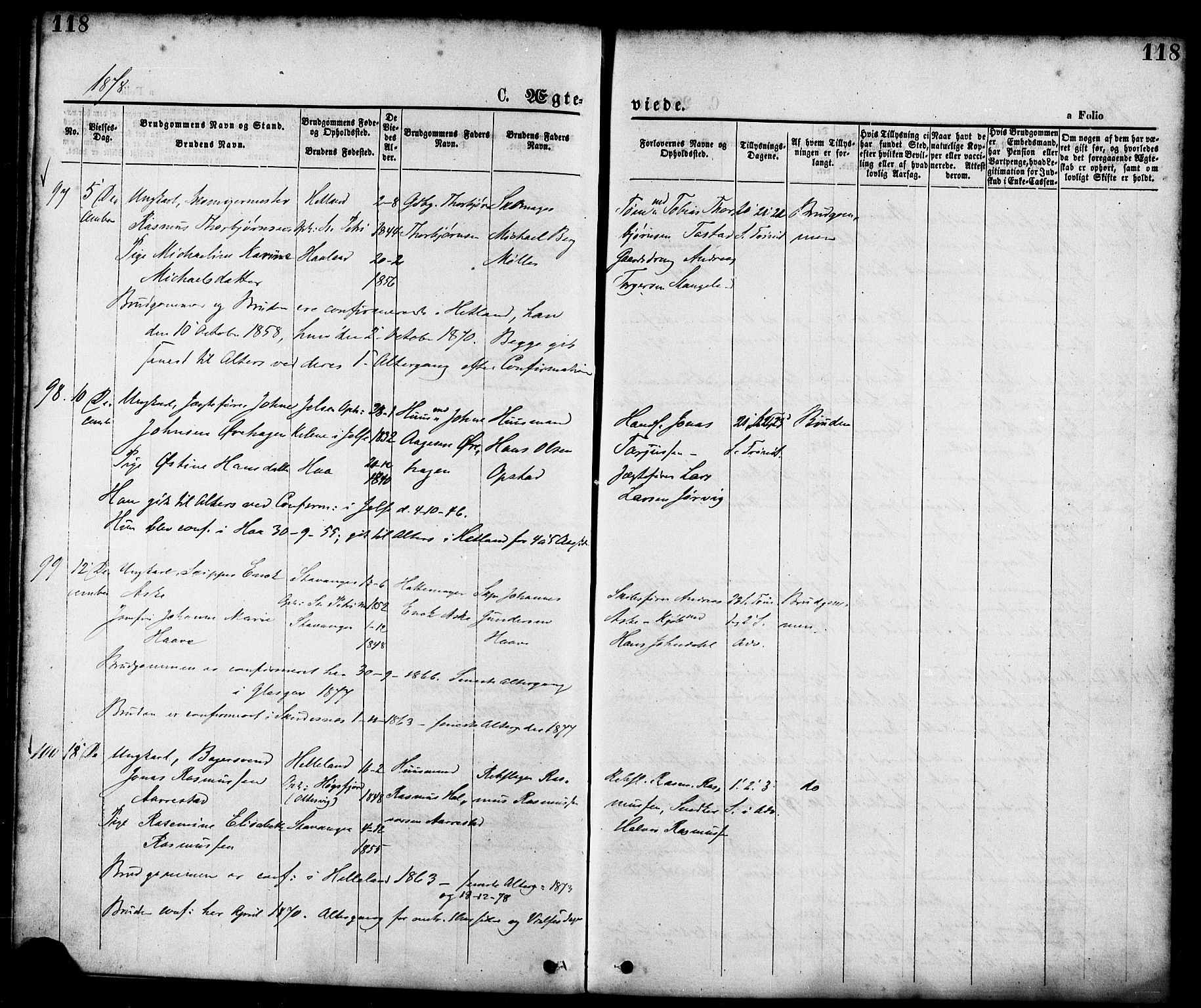 St. Petri sokneprestkontor, AV/SAST-A-101813/001/30/30BA/L0010: Parish register (official) no. A 10, 1869-1878, p. 118