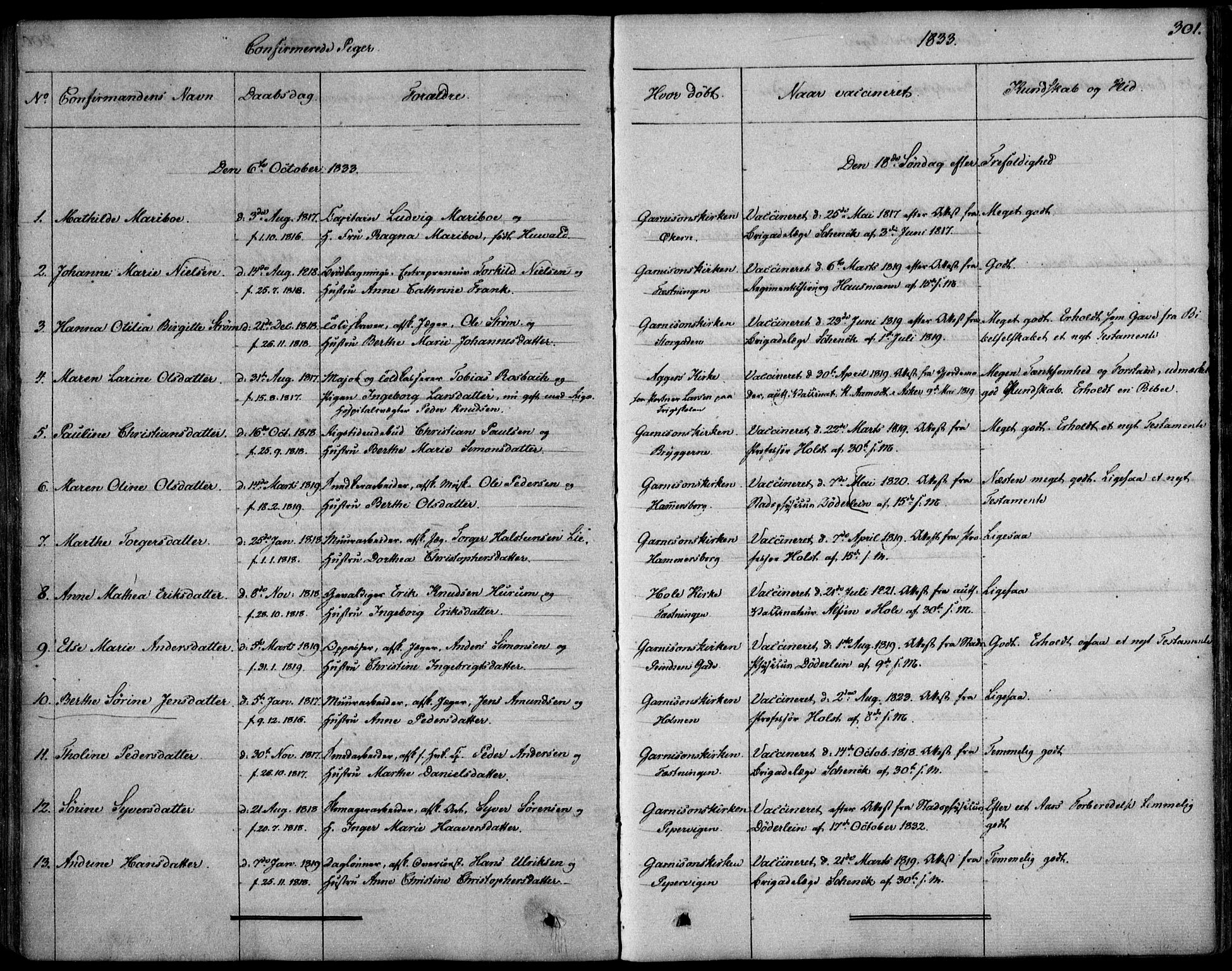 Garnisonsmenigheten Kirkebøker, SAO/A-10846/F/Fa/L0006: Parish register (official) no. 6, 1828-1841, p. 301