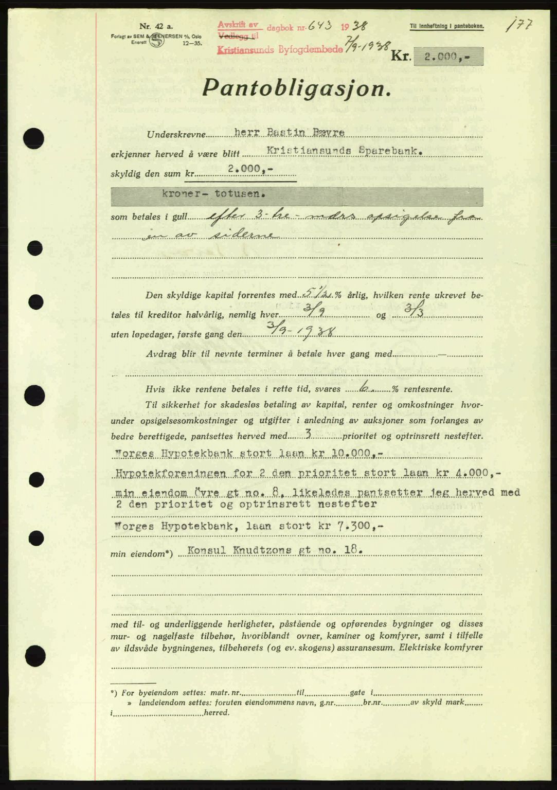 Kristiansund byfogd, SAT/A-4587/A/27: Mortgage book no. 31, 1938-1939, Diary no: : 643/1938