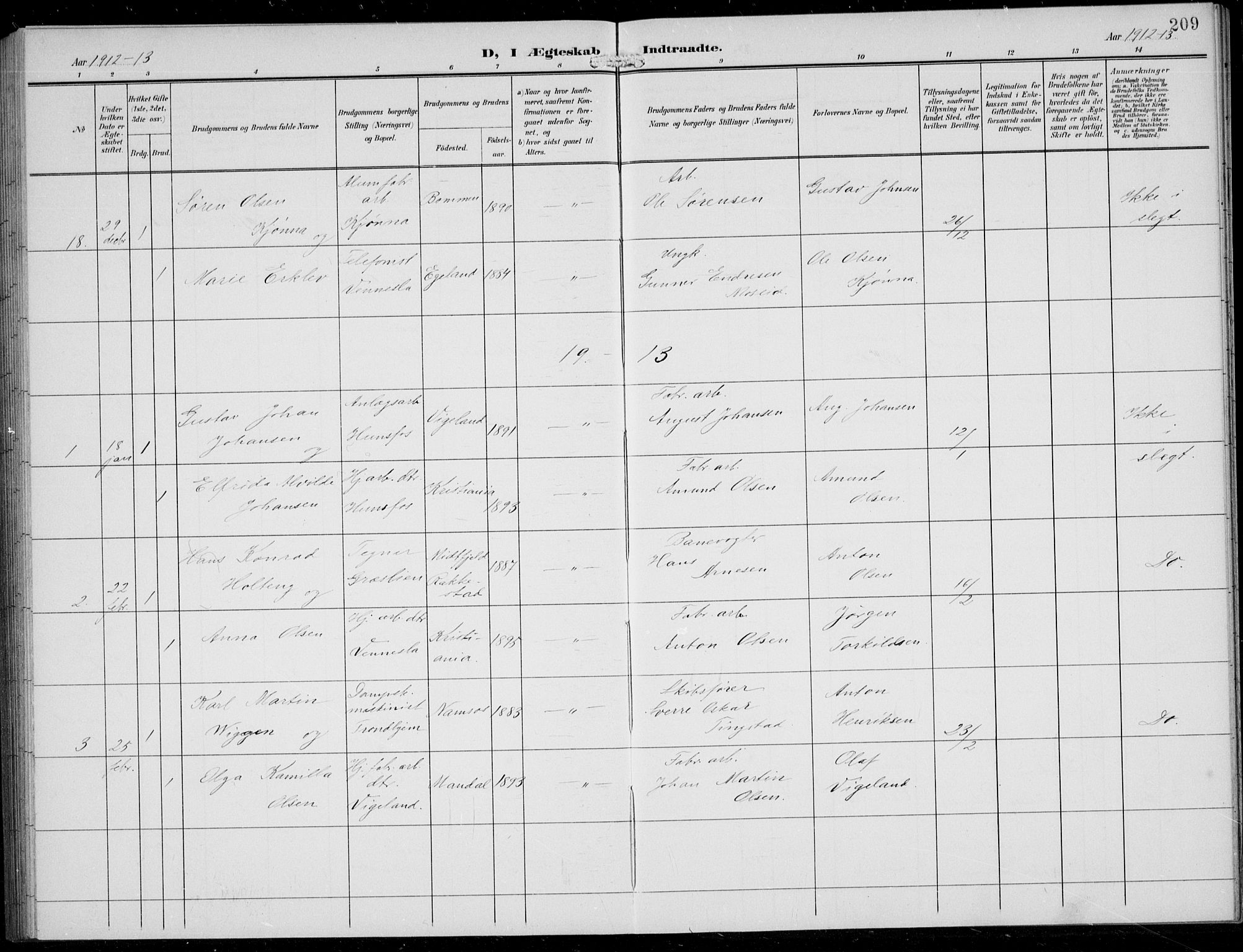 Vennesla sokneprestkontor, SAK/1111-0045/Fb/Fbb/L0005: Parish register (copy) no. B 5, 1903-1913, p. 209