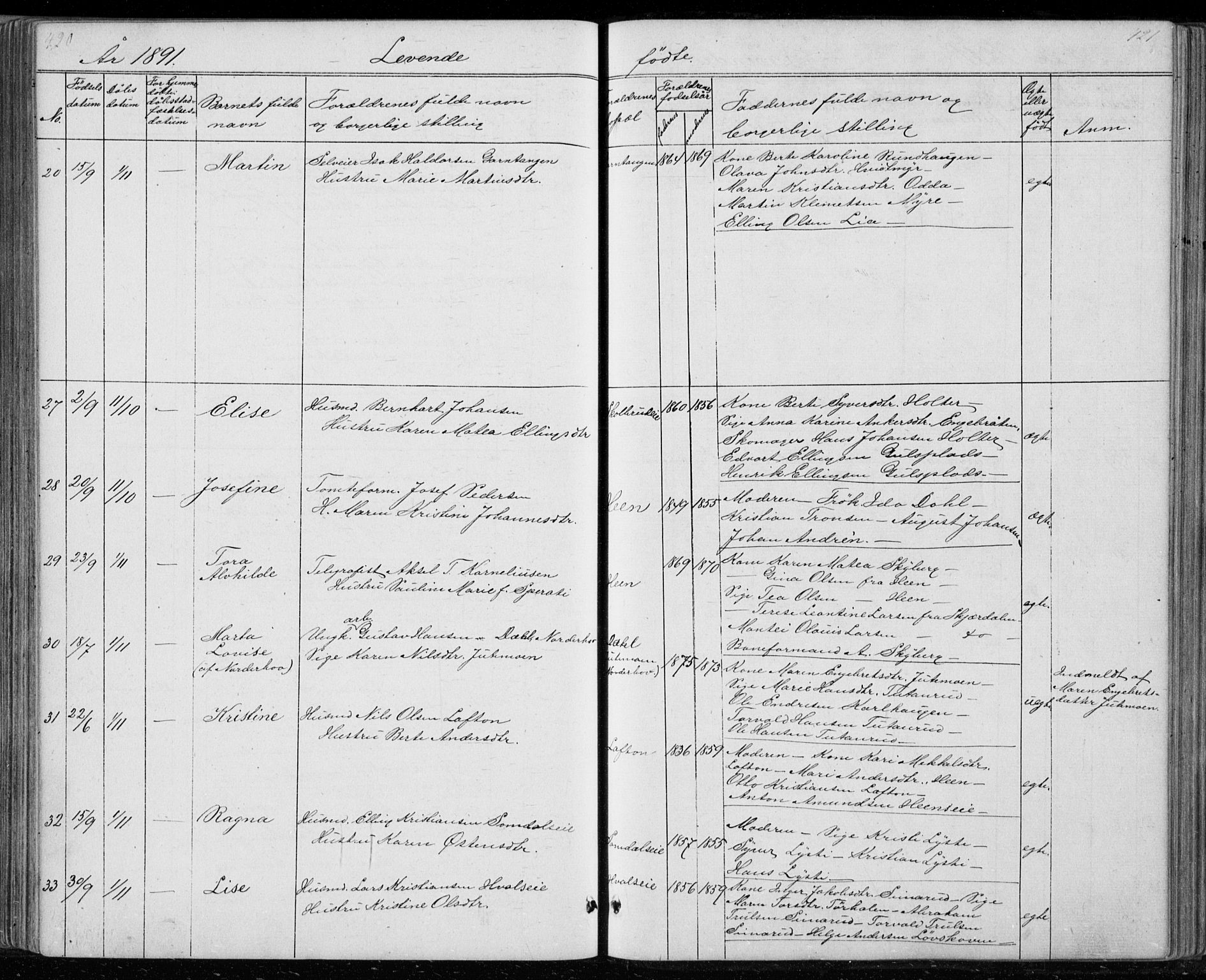 Ådal kirkebøker, AV/SAKO-A-248/G/Gc/L0001: Parish register (copy) no. III 1, 1862-1898, p. 420-421