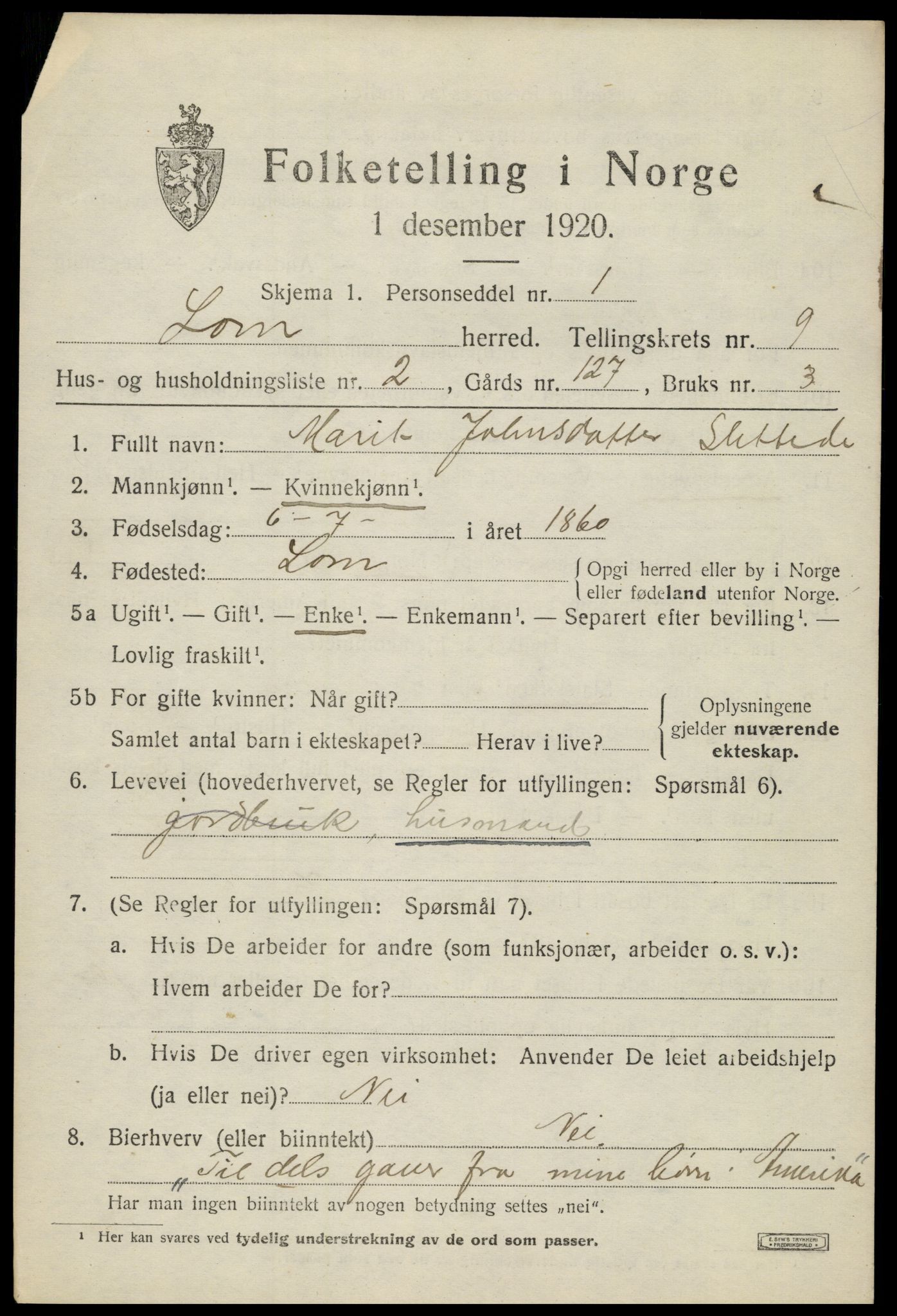 SAH, 1920 census for Lom, 1920, p. 5084