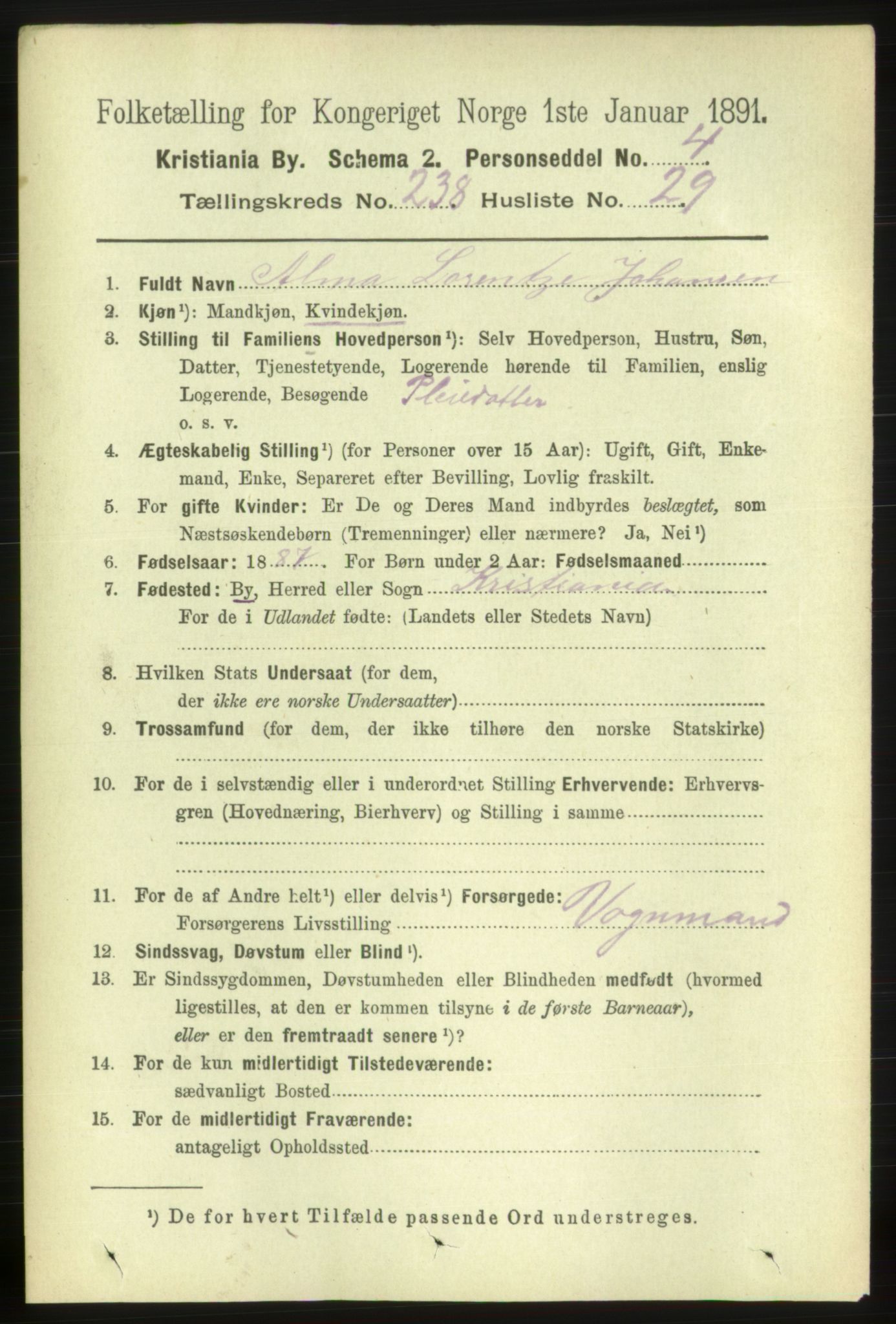 RA, 1891 census for 0301 Kristiania, 1891, p. 145226