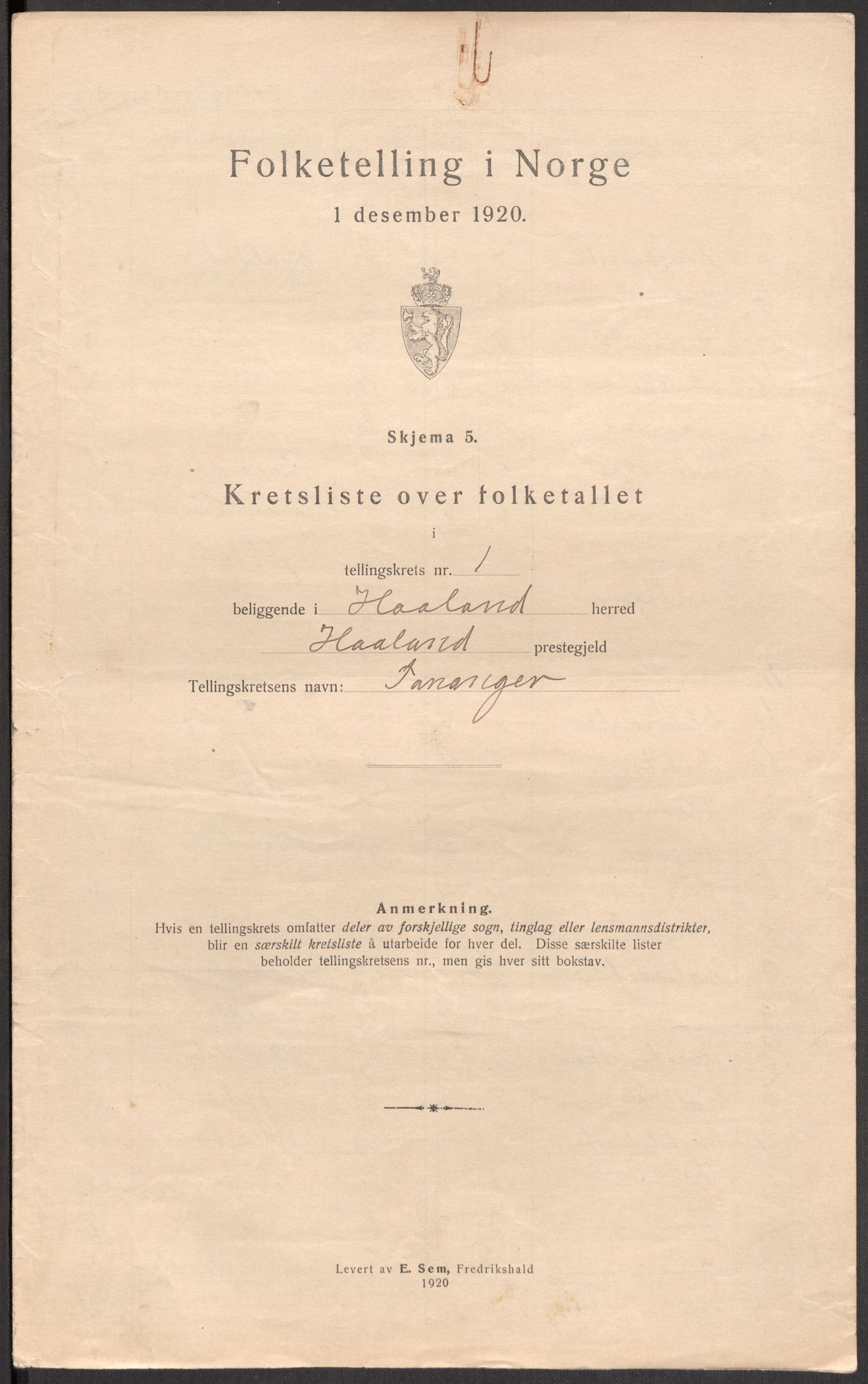 SAST, 1920 census for Håland, 1920, p. 9