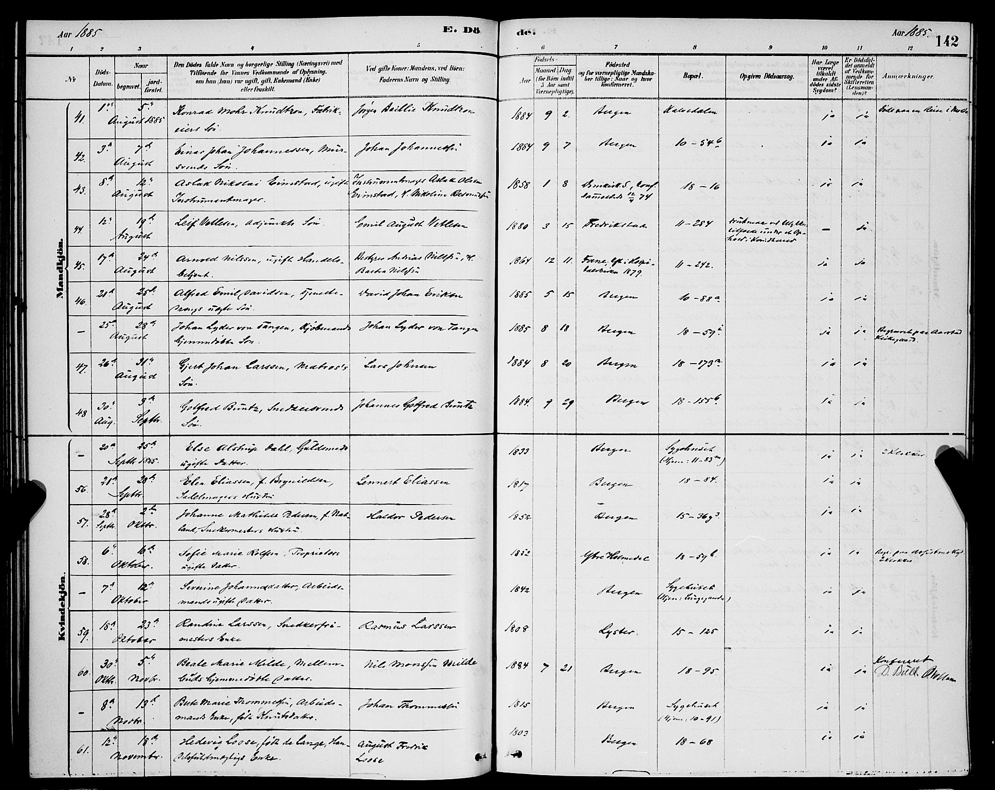 Domkirken sokneprestembete, AV/SAB-A-74801/H/Hab/L0041: Parish register (copy) no. E 5, 1878-1900, p. 142