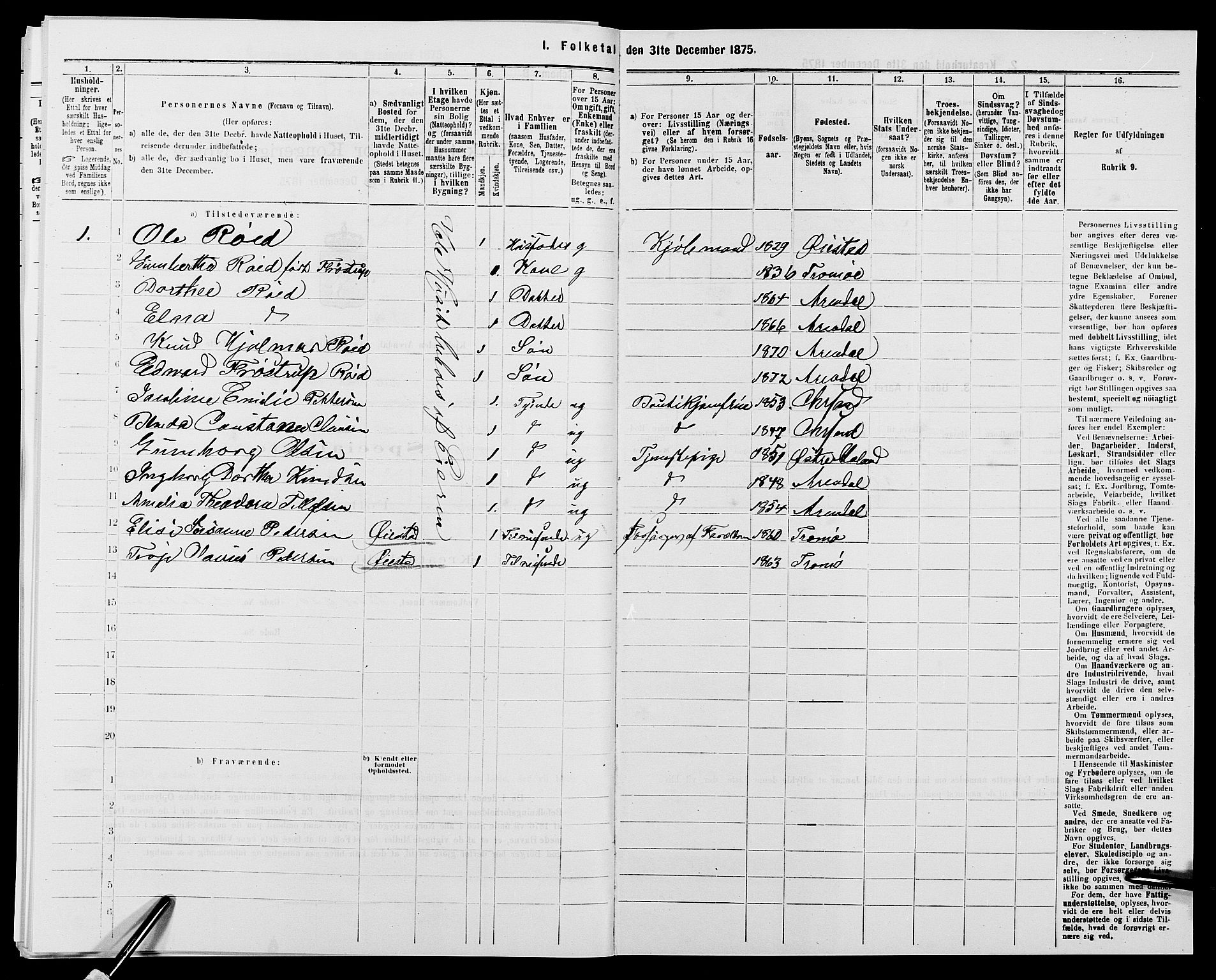 SAK, 1875 census for 0903P Arendal, 1875, p. 594