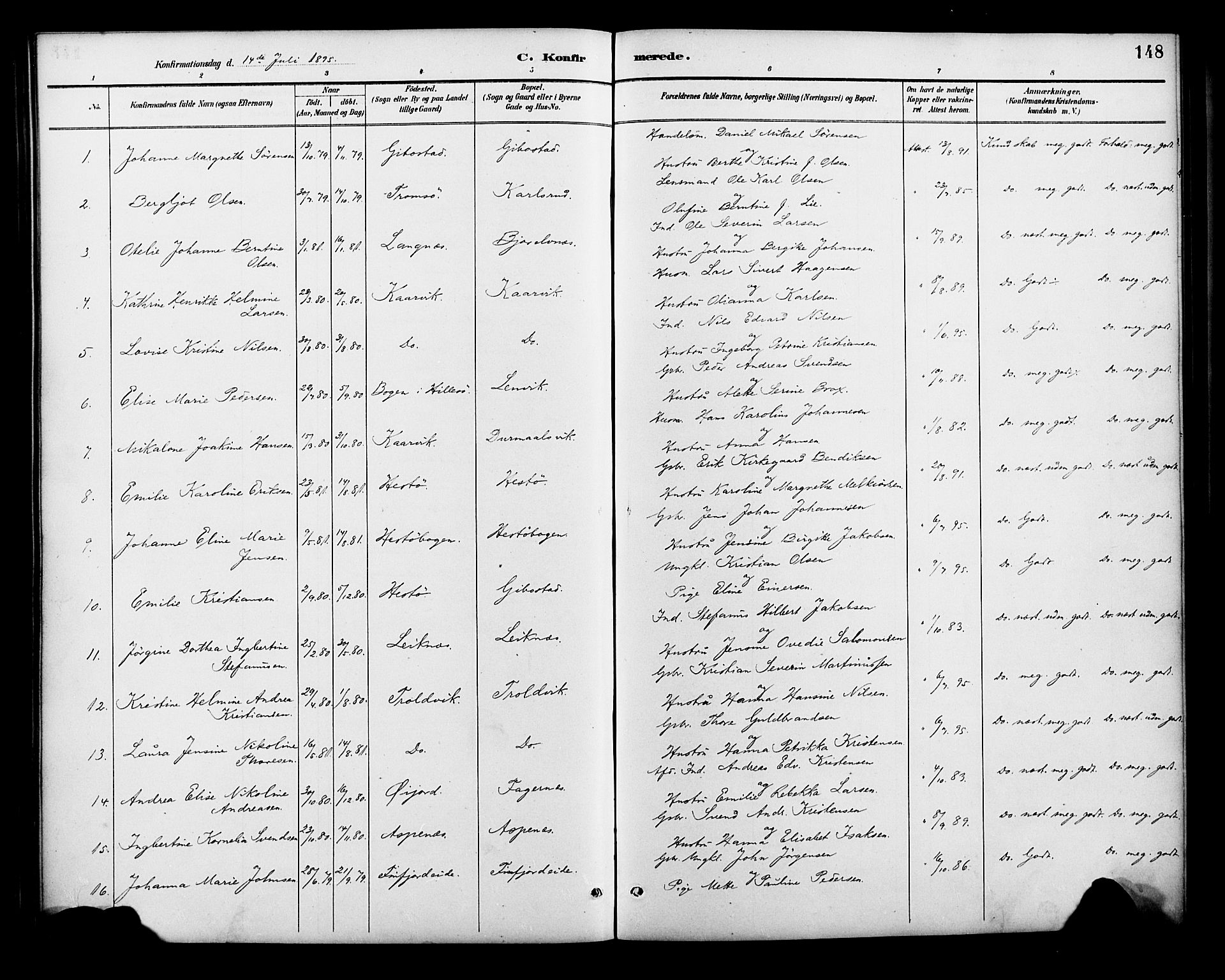 Lenvik sokneprestembete, SATØ/S-1310/H/Ha/Haa/L0013kirke: Parish register (official) no. 13, 1890-1898, p. 148