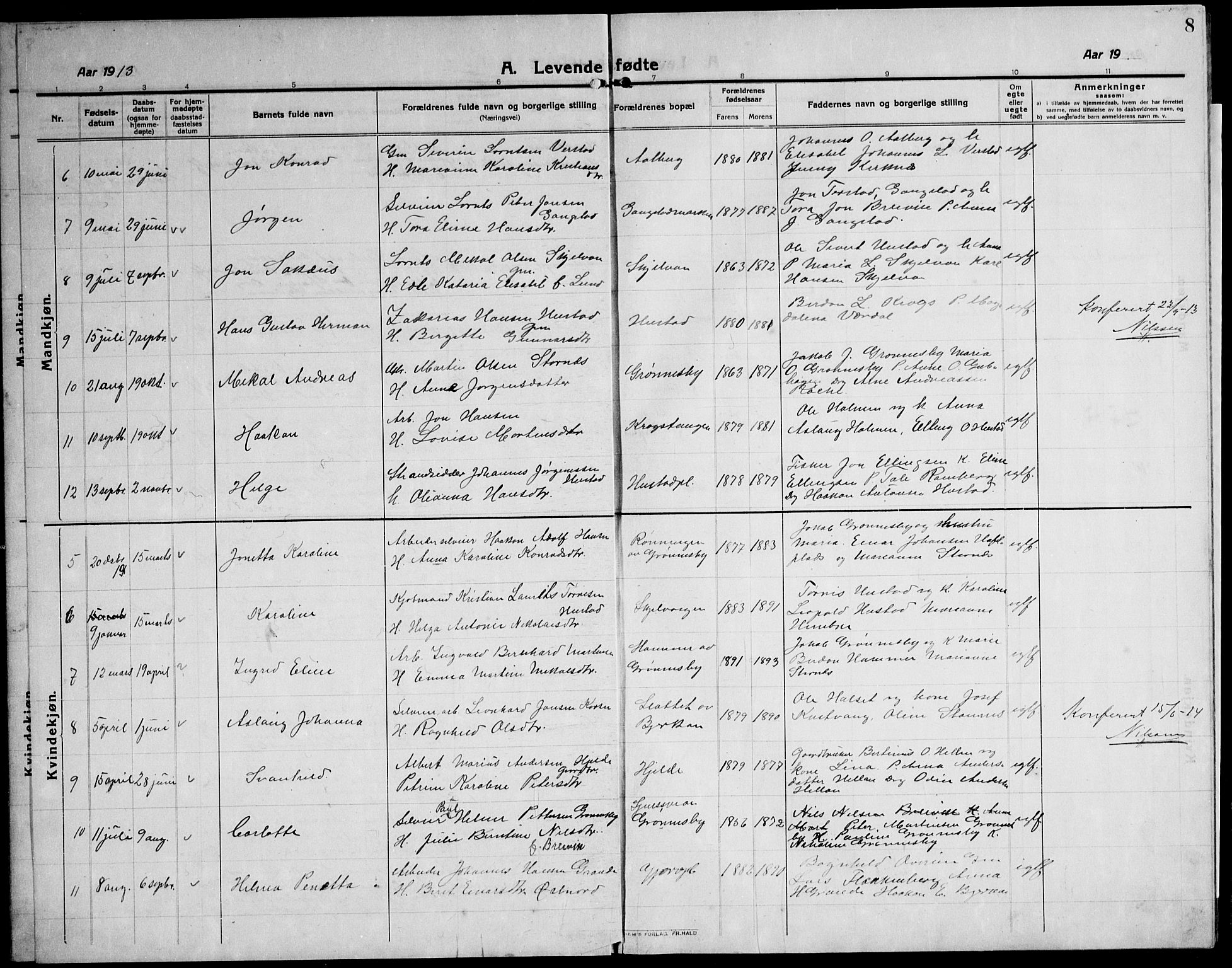 Ministerialprotokoller, klokkerbøker og fødselsregistre - Nord-Trøndelag, AV/SAT-A-1458/732/L0319: Parish register (copy) no. 732C03, 1911-1945, p. 8